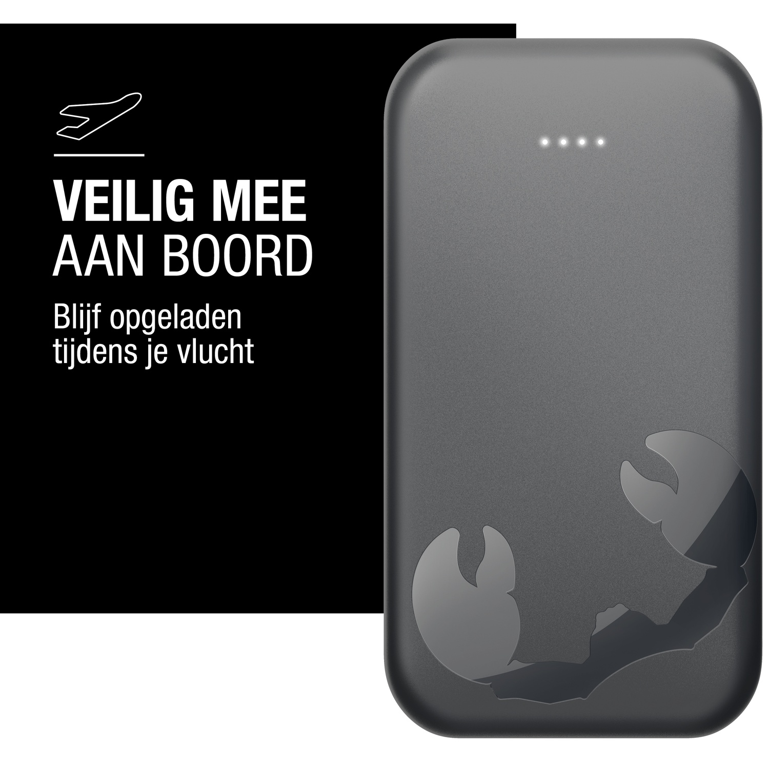 Une batterie externe gris foncé avec un logo de scorpion. Elle comporte quatre petites lumières en haut. Texte blanc sur fond noir.