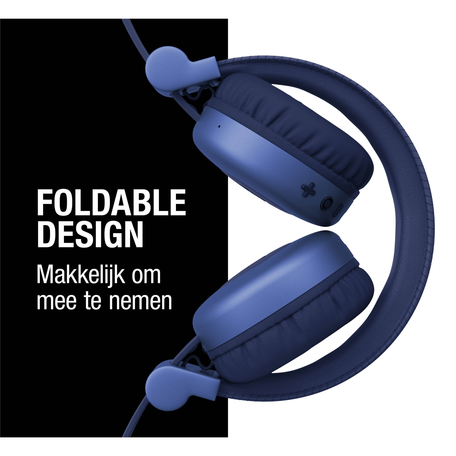 Blauwe opvouwbare koptelefoon op een witte en zwarte achtergrond, met tekst: Foldable Design, Makkelijk om mee te nemen.