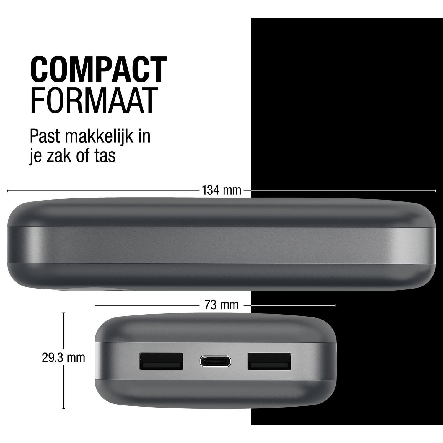 Une batterie externe grise avec deux ports USB et un port USB-C. Dimensions indiquées : 134 mm, 73 mm et 29,3 mm.