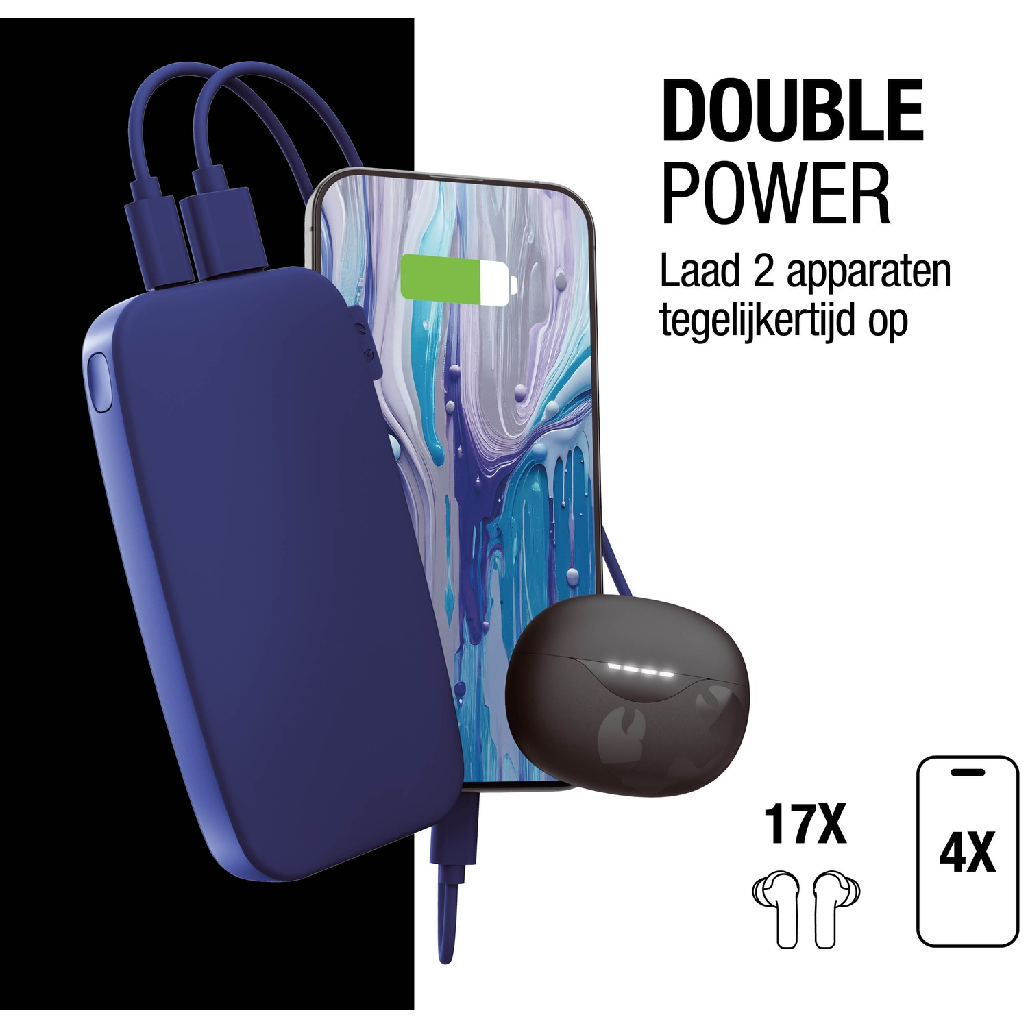 Afbeelding toont een powerbank, telefoon en oordopjes. Tekst: 'DOUBLE POWER'. Telefoon opladen, oordopjes en een batterij-icoon.