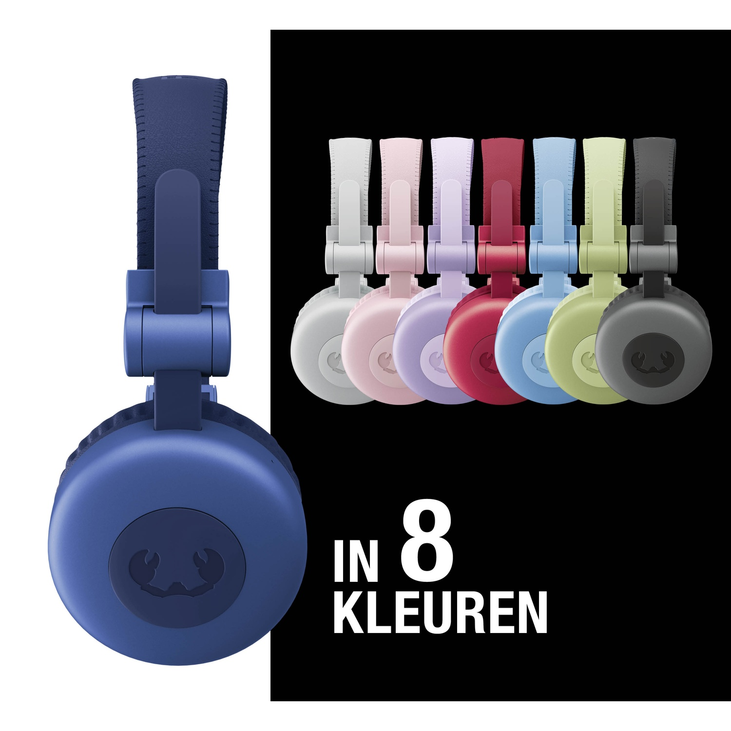 Hoofdtelefoons in diverse kleuren: wit, roze, paars, rood, blauw, geelgroen en grijs. Een blauwe hoofdtelefoon links. Tekst: IN 8 KLEUREN.