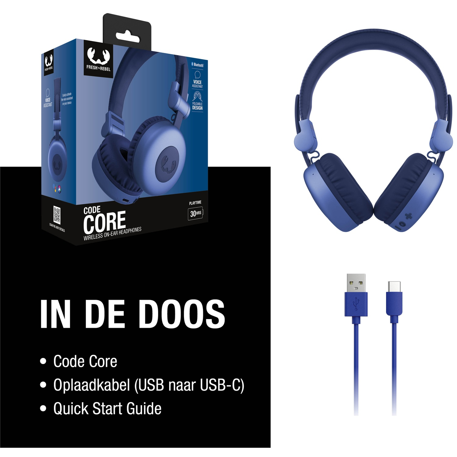 Afbeelding toont blauwe koptelefoon, doos met koptelefoon, USB-kabels en de tekst 'IN DE DOOS'.