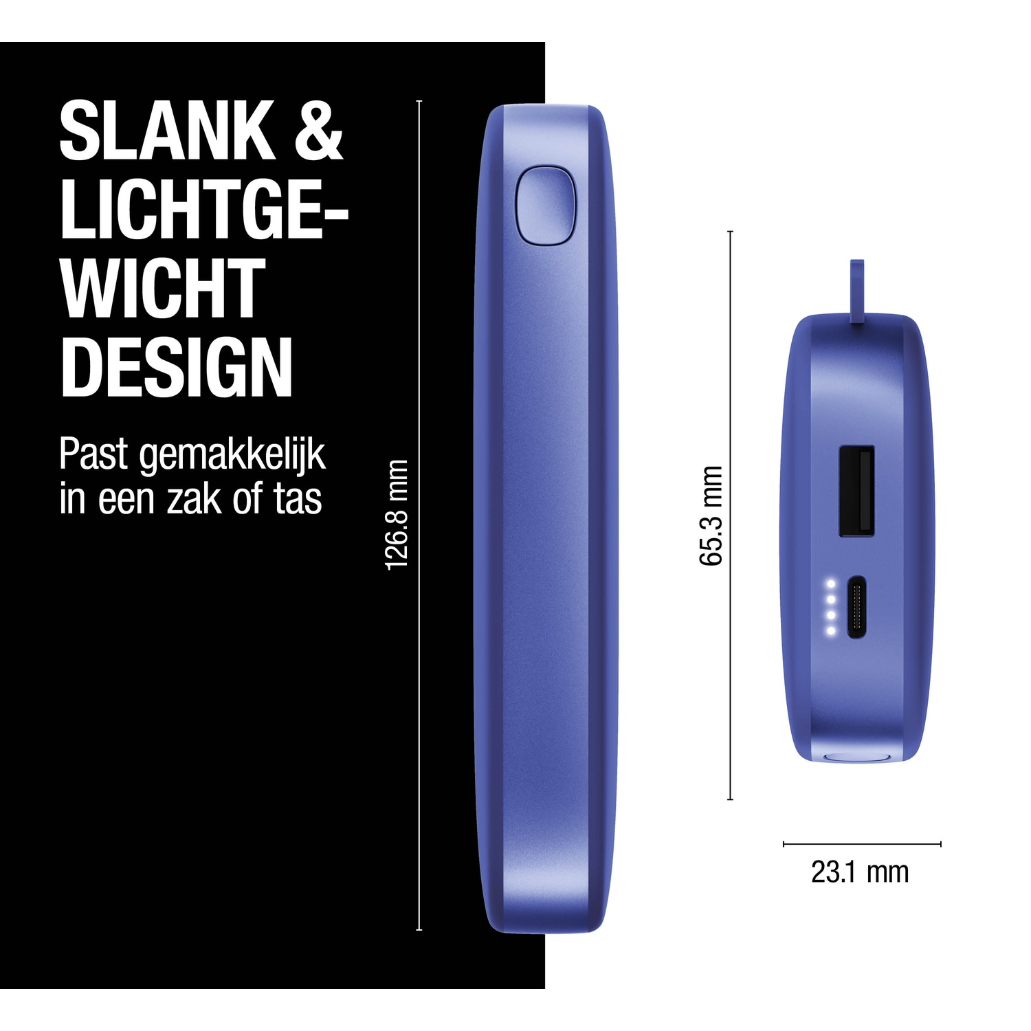 Een blauw rechthoekig apparaat met afmetingen, tekst 'SLANK & LICHTGE-WICHT DESIGN' en 'Past gemakkelijk in een zak of tas'.