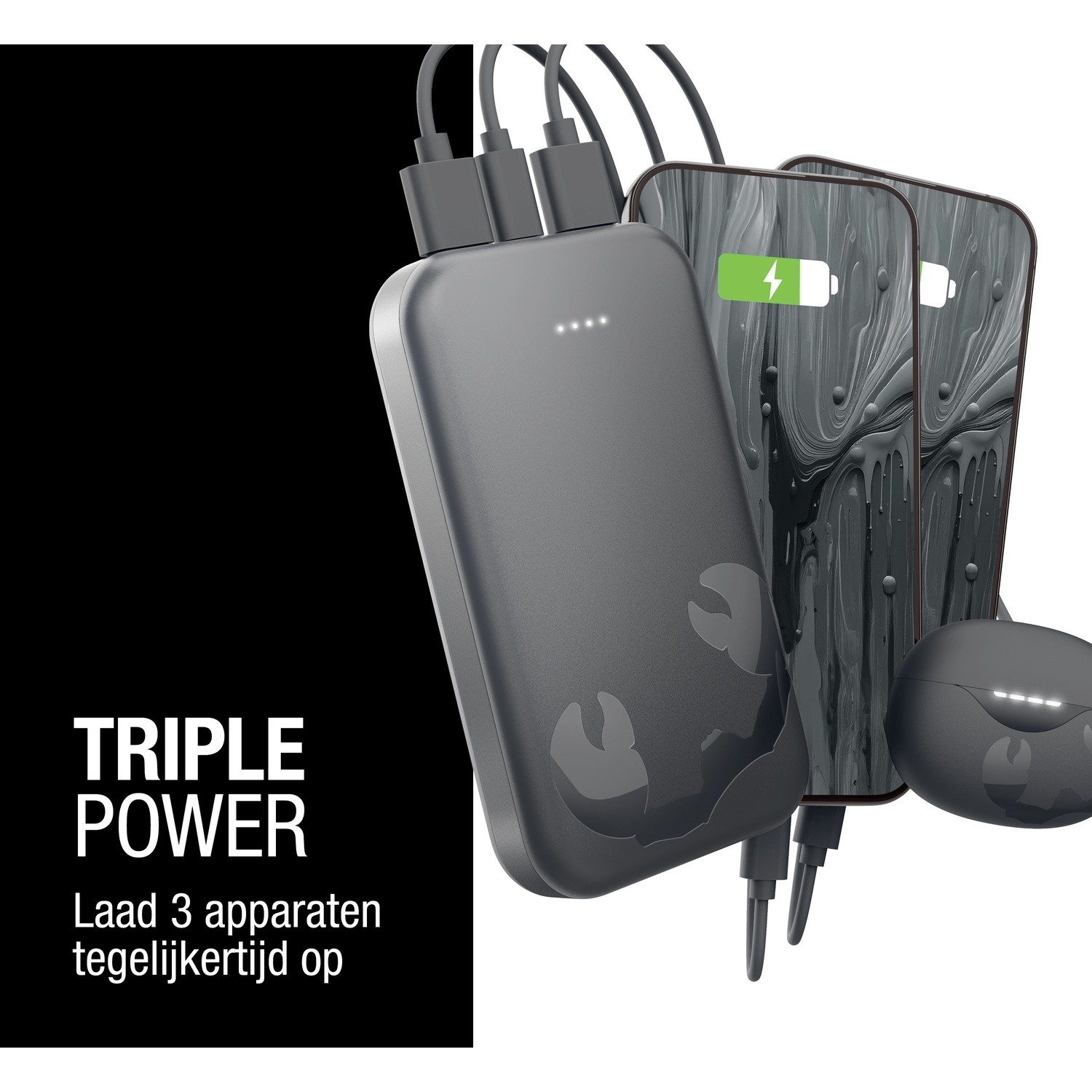 L'image montre une batterie externe chargeant 2 téléphones et des écouteurs. Le texte dit 'Triple Power'. Les téléphones ont des icônes de chargement.