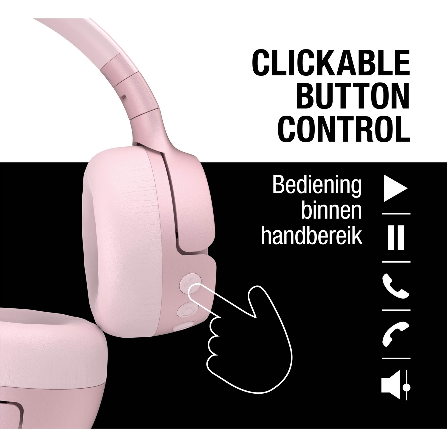 Roze koptelefoon met hand die naar de knop wijst. Tekst: Klikbare knopbediening. Zwarte achtergrond met bedieningspictogrammen.