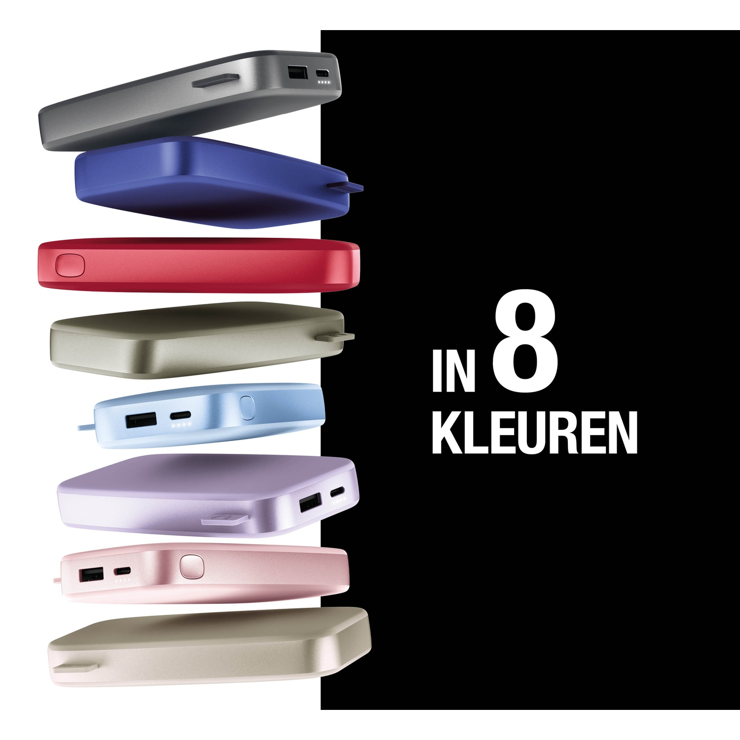 Gestapelde powerbanks in diverse kleuren. Zwarte achtergrond met tekst 'In 8 kleuren'.