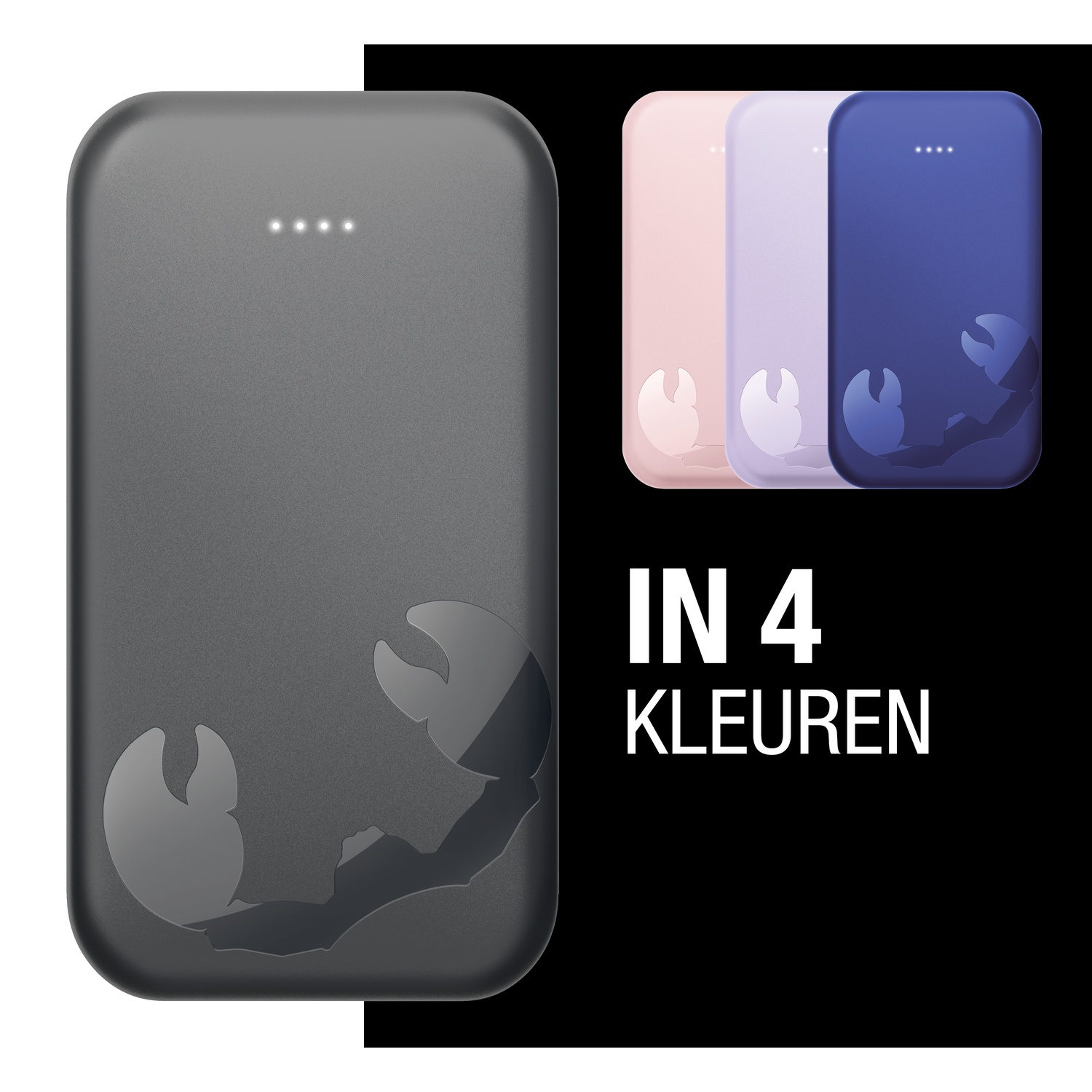 Une batterie externe gris foncé avec un logo scorpion, et trois autres batteries de couleurs. Texte: 'IN 4 KLEUREN' sur fond noir.