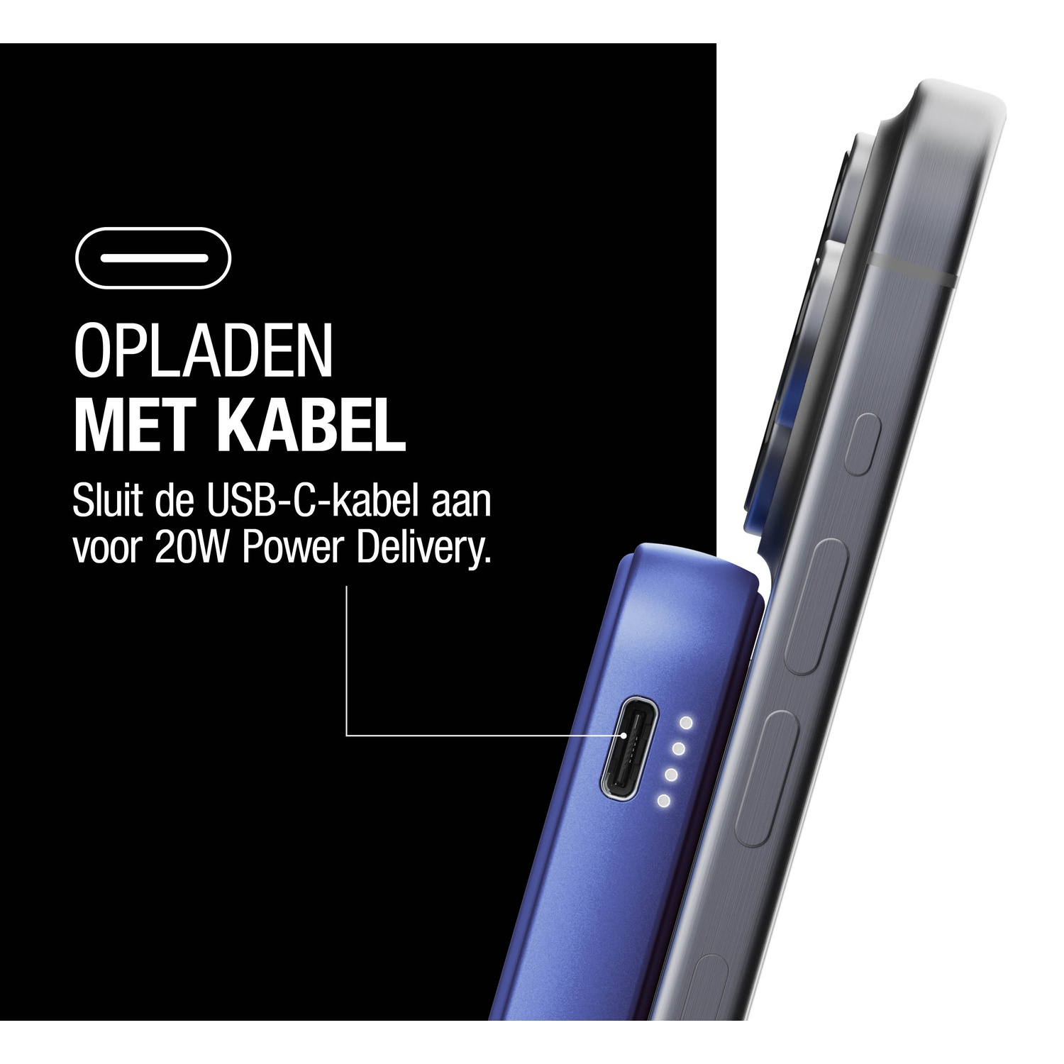 Image shows a blue power bank and a phone. Text says 'charge with cable'. The USB-C port is visible.
