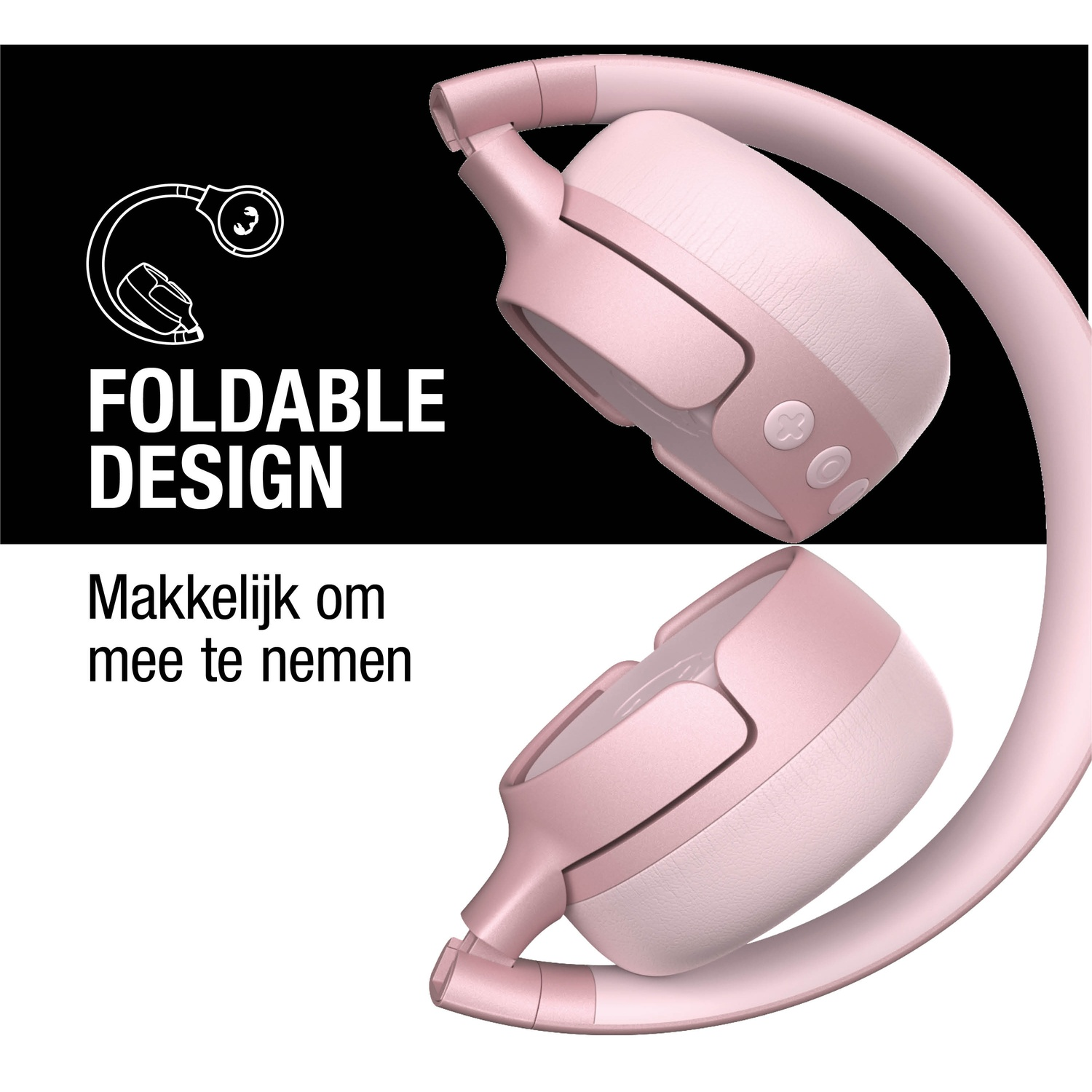 Roze opvouwbare koptelefoon op witte achtergrond. Tekst luidt 'Foldable design' en 'Easy to take with you'.