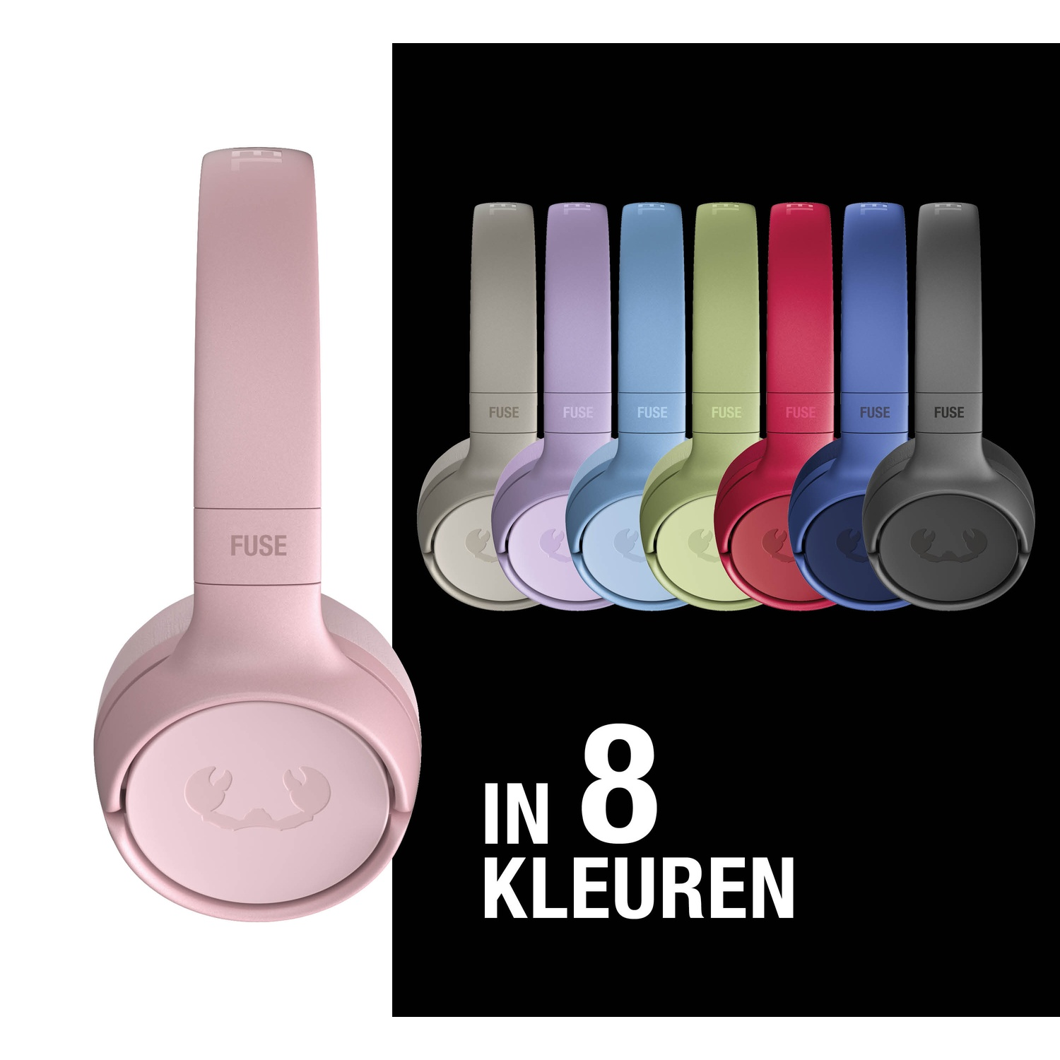 Roze koptelefoon, zeven andere gekleurde koptelefoons op een rij, met de tekst 'in 8 kleuren' op zwarte achtergrond.