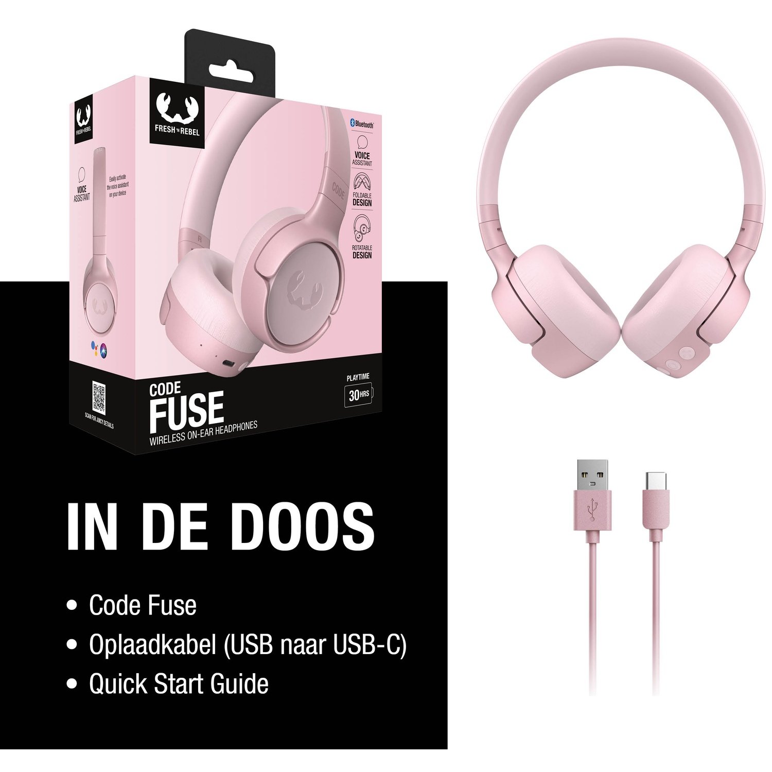 Roze koptelefoon op een doos met tekst en accessoires. Op de doos staat 'Code Fuse' en 'FRESH REBEL'. Kabels zijn ook zichtbaar.
