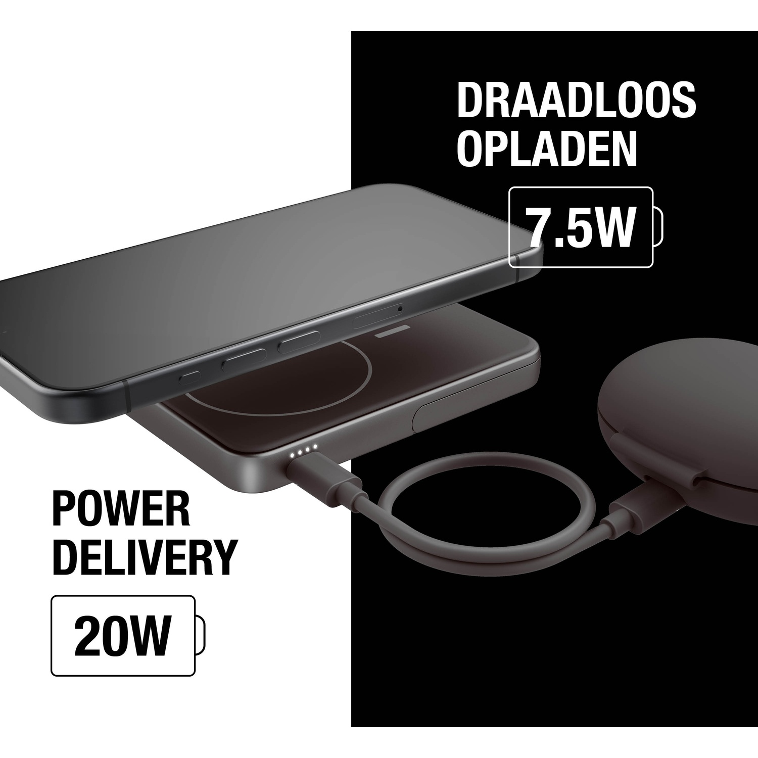 A phone on a wireless charger with a cable attached. Text says 7.5W wireless charging and 20W power delivery.