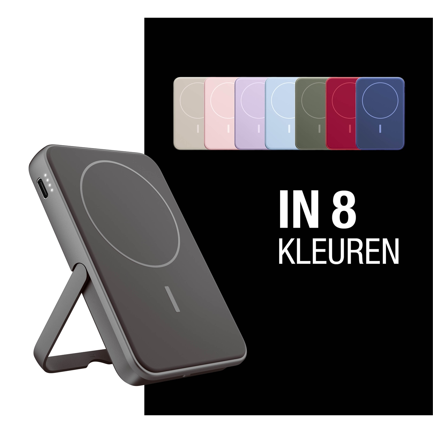 A gray phone charger with a stand. In the background are eight color options. Text says 'IN 8 KLEUREN'.