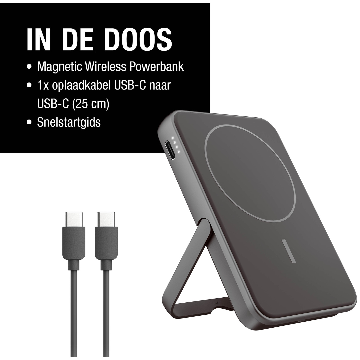 A magnetic wireless powerbank with a USB-C cable and a quick start guide is displayed. The powerbank is dark grey.