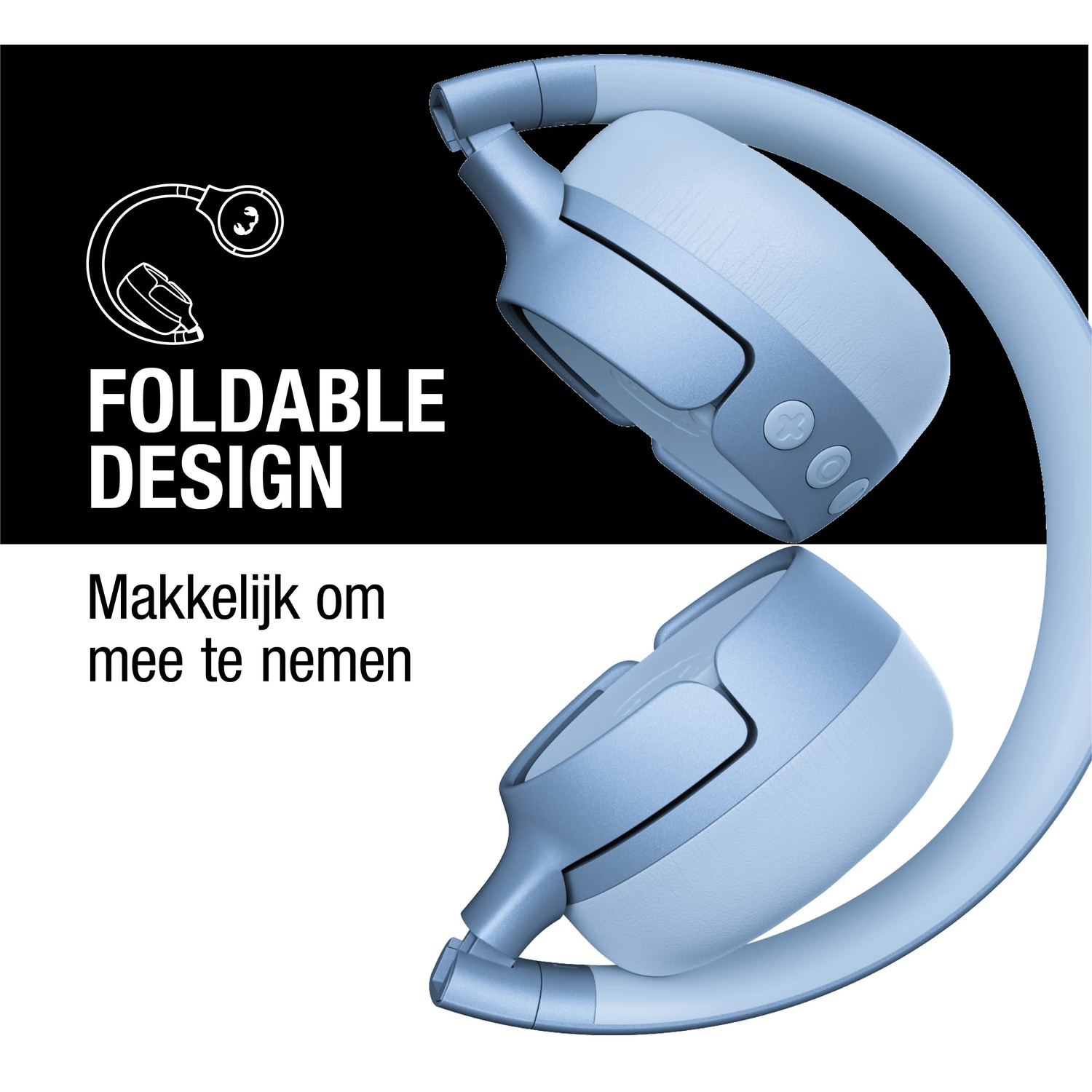 Lichtblauwe opvouwbare koptelefoon op een witte en zwarte achtergrond, met tekst: Opvouwbaar ontwerp en Makkelijk om mee te nemen.