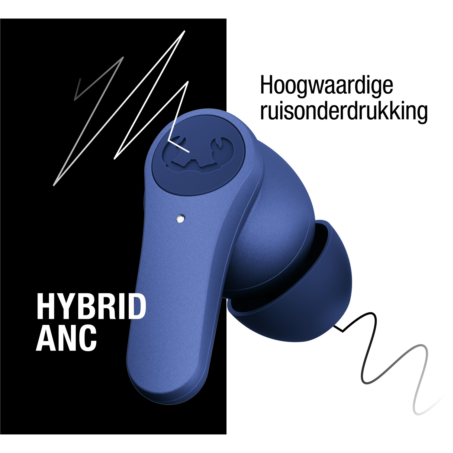 Blauwe oortelefoon met Hybrid ANC-tekst. De achtergrond is verdeeld in zwart en wit met witte lijnen en tekst.