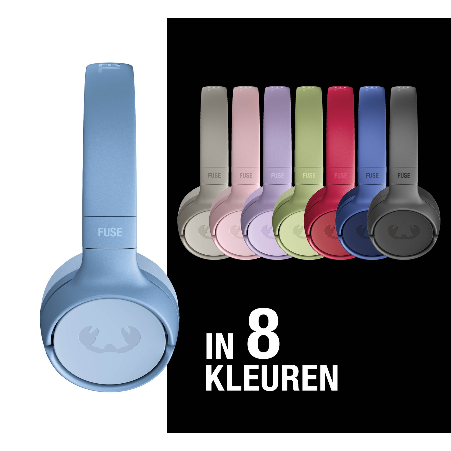 Afbeelding toont hoofdtelefoons in acht kleuren: lichtblauw, grijs, roze, paars, olijf, rood, donkerblauw en zwart. Tekst: 'IN 8 KLEUREN'.