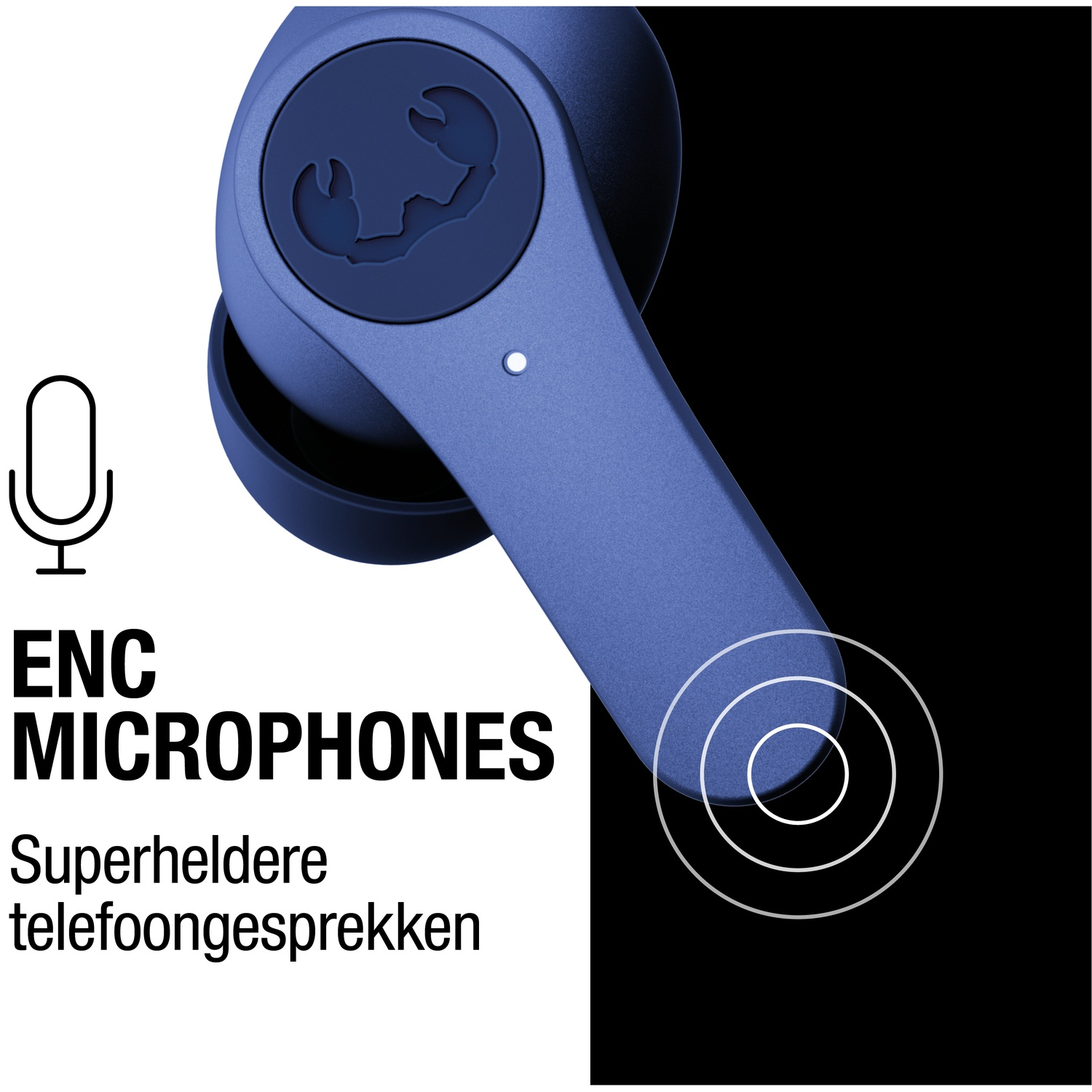 Blauwe oordop met logo. Tekst: ENC MICROPHONES. Tekst in het Nederlands: Superheldere telefoongesprekken. Zwart-witte achtergrond.