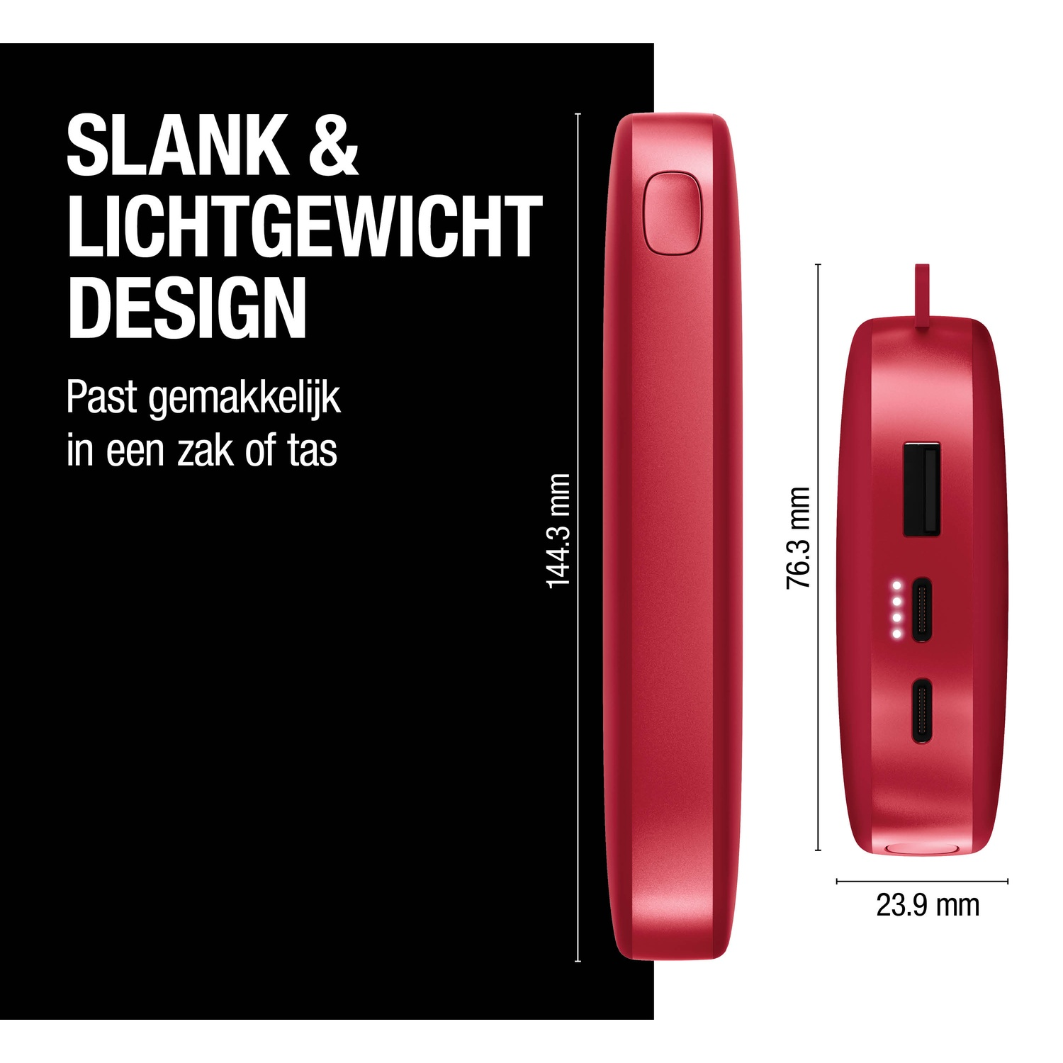 Appareil rectangulaire rouge. Le texte indique : SLANK & LICHTGEWICHT DESIGN. Les dimensions sont affichées. Il est mince et léger.