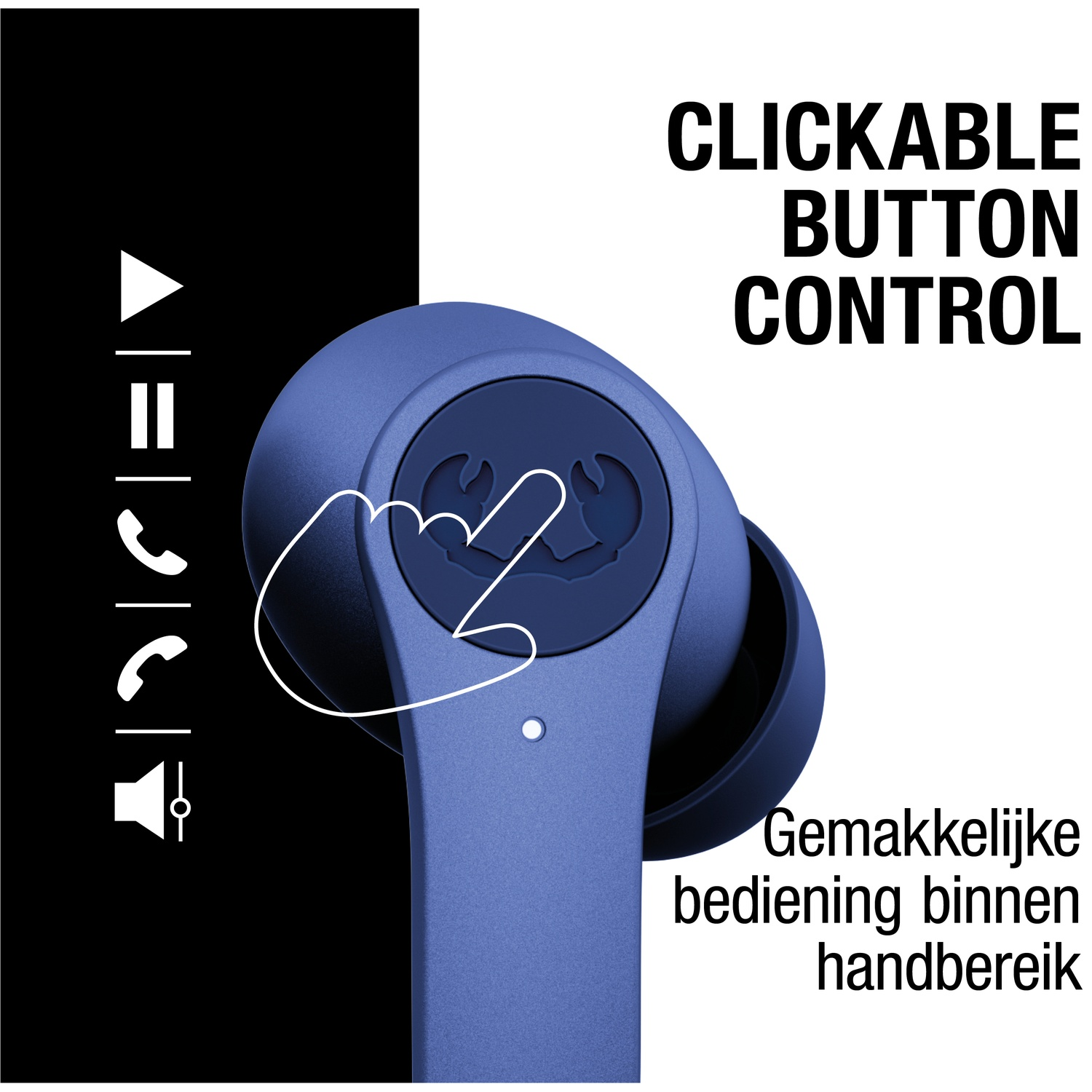 Blauwe oortelefoon met vingerillustratie, tekst 'CLICKABLE BUTTON CONTROL' en Nederlandse tekst. Iconen op zwarte achtergrond.
