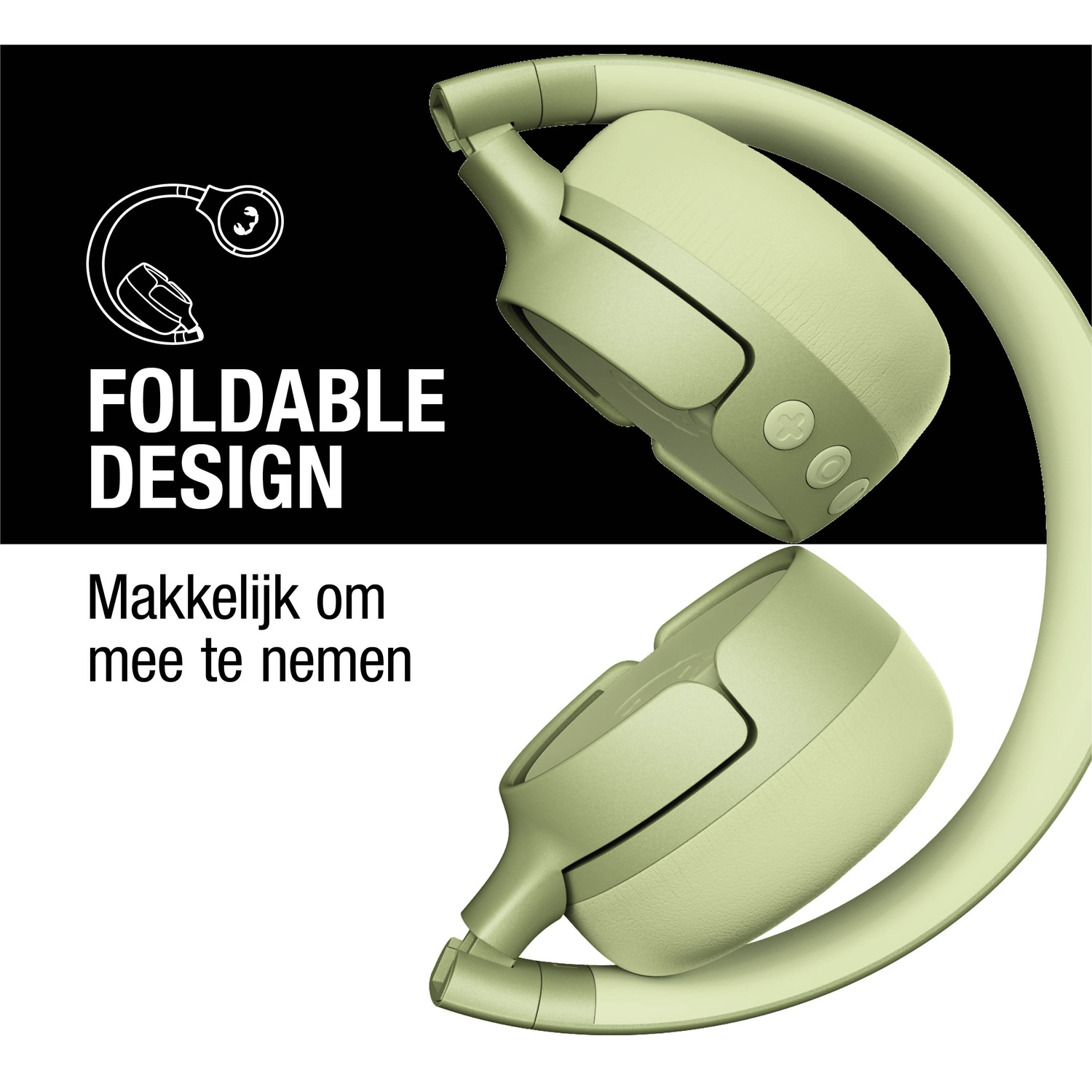 Groene opvouwbare koptelefoon op een witte en zwarte achtergrond, met de tekst 'Foldable Design' en 'Easy to take along'.