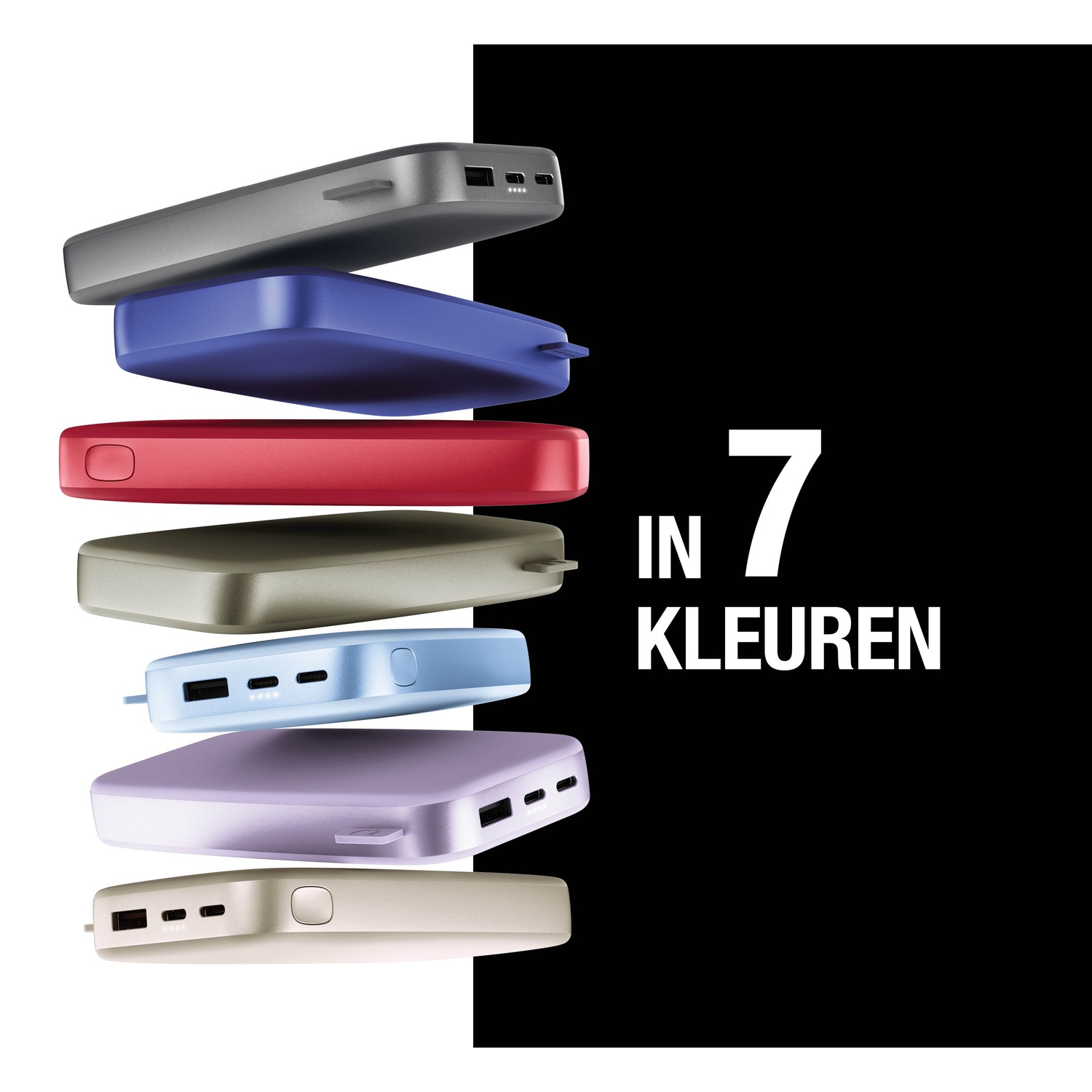 Sept batteries externes empilées de différentes couleurs. Le fond est blanc et noir avec le texte "7 KLEUREN".