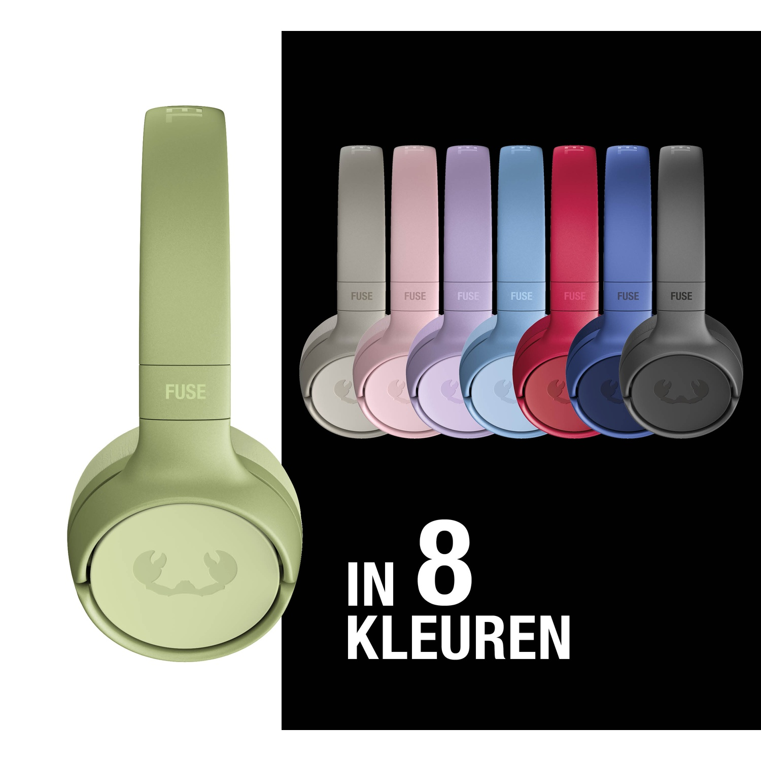 Hoofdtelefoons in meerdere kleuren, waaronder groen, roze, blauw en rood. De tekst 'IN 8 KLEUREN' is zichtbaar.