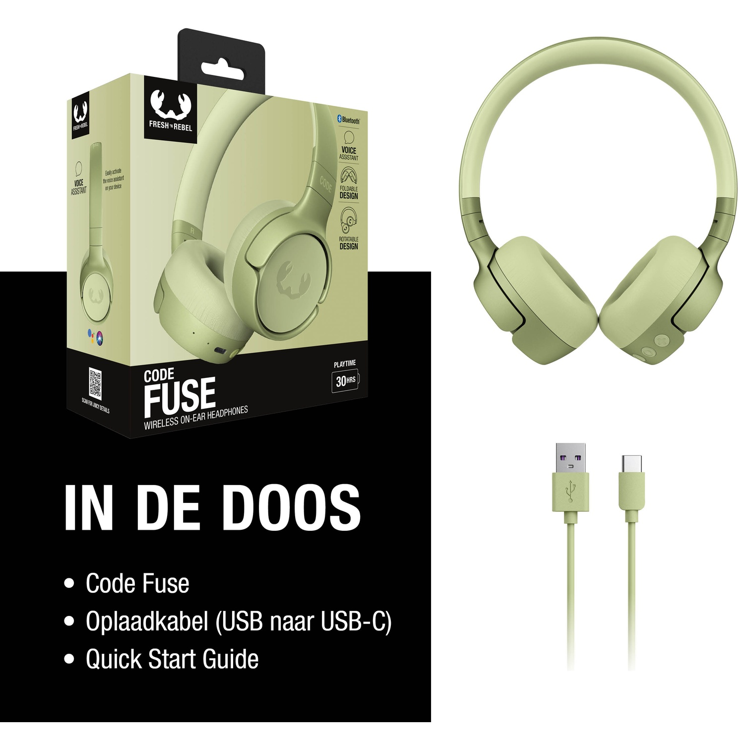 De afbeelding toont een groene koptelefoon, doos en oplaadkabels. De tekst bevat 'Code Fuse', 'Wireless On-ear Headphones' en 'In de Doos'.