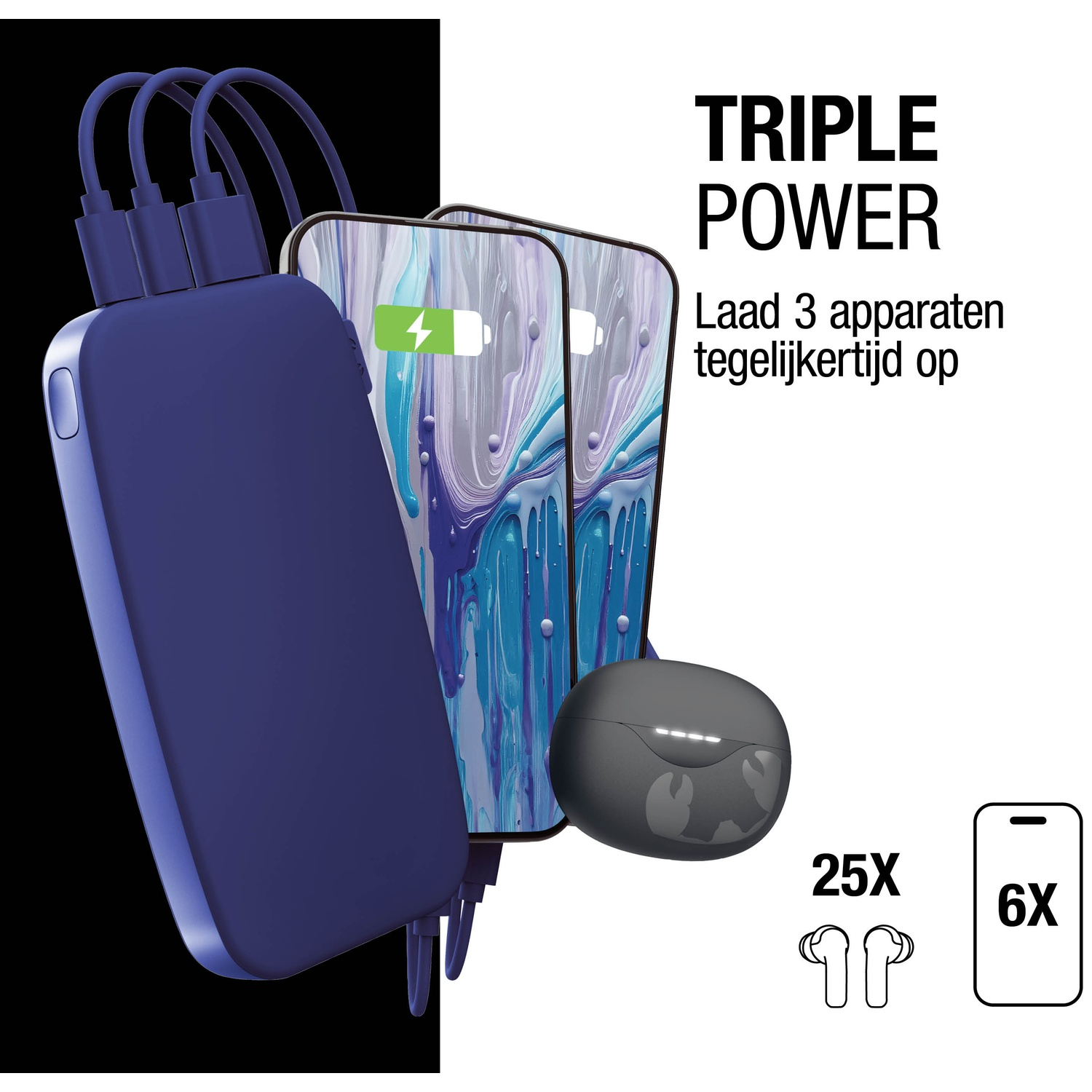 L'image montre une batterie externe bleue chargeant deux téléphones et des écouteurs. Le texte dit 'TRIPLE POWER' et 'Chargez 3 appareils simultanément'.