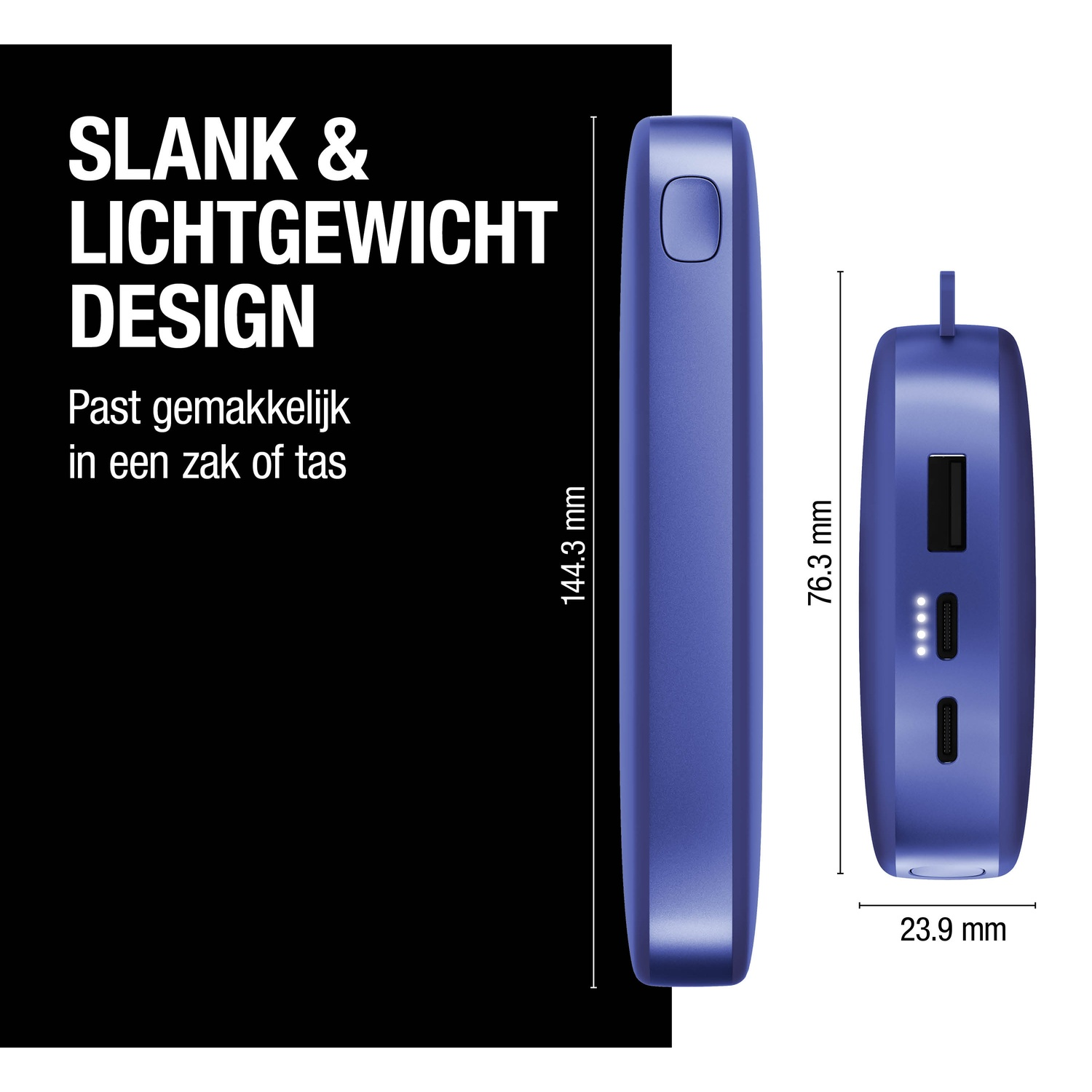 Une banque d'alimentation bleue avec des mesures. Texte : 'SLANK & LICHTGEWICHT DESIGN'. Dimensions : 144,3 mm x 76,3 mm x 23,9 mm.