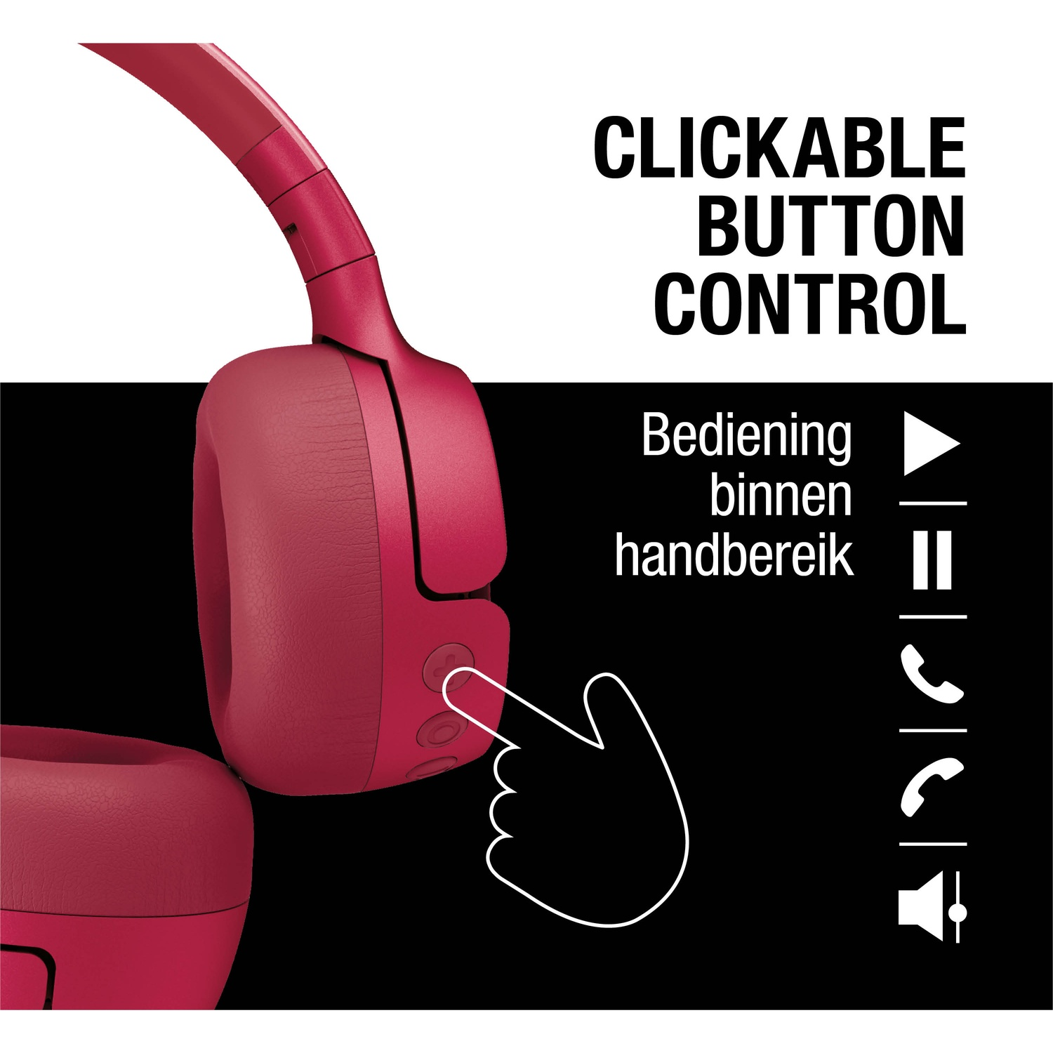 Rode koptelefoon met knopbediening. Een hand wijst naar een knop. Tekst: Klikbare knopbediening.