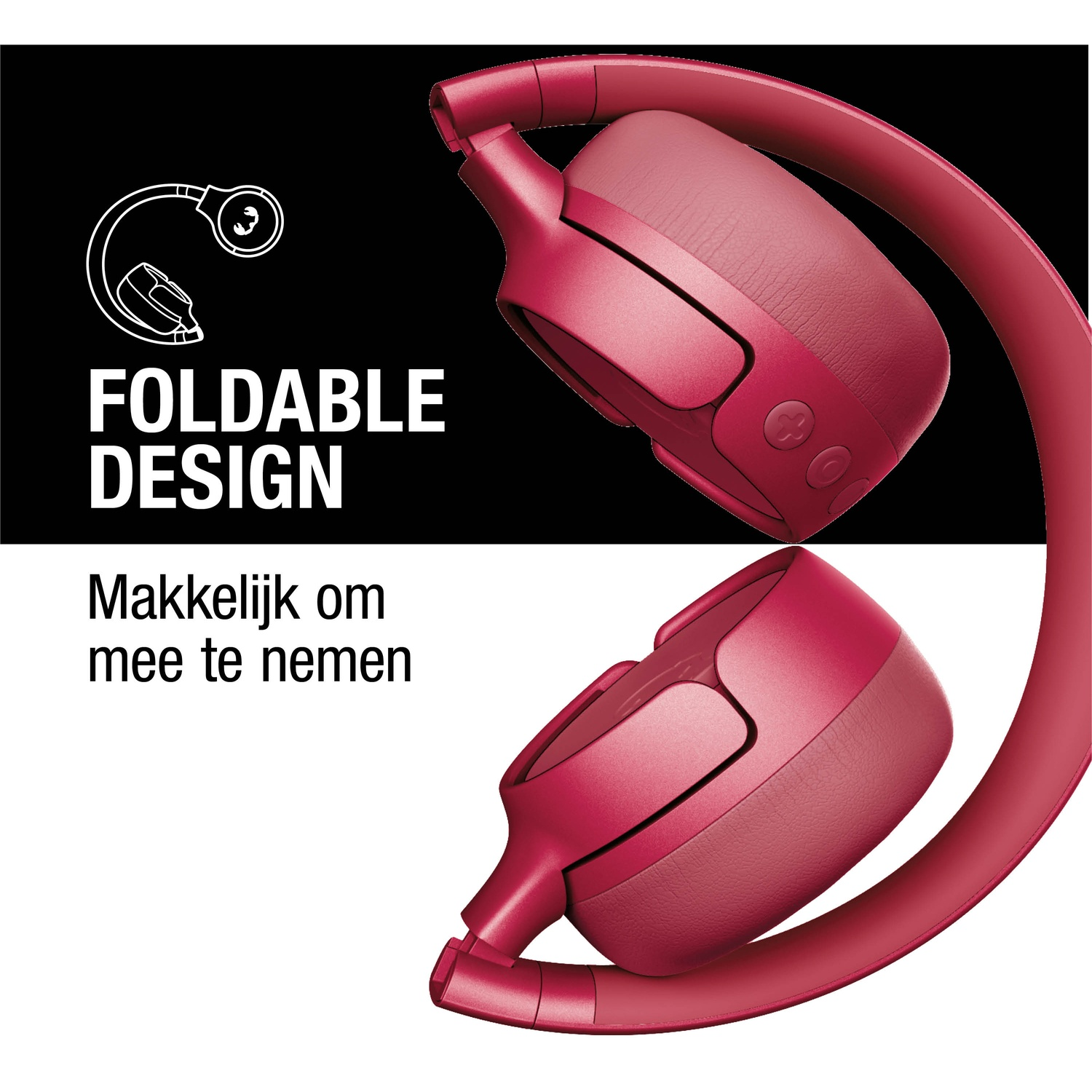 Rode opvouwbare koptelefoon op witte achtergrond, met zwarte linkerbovenhoek met "FOLDABLE DESIGN".