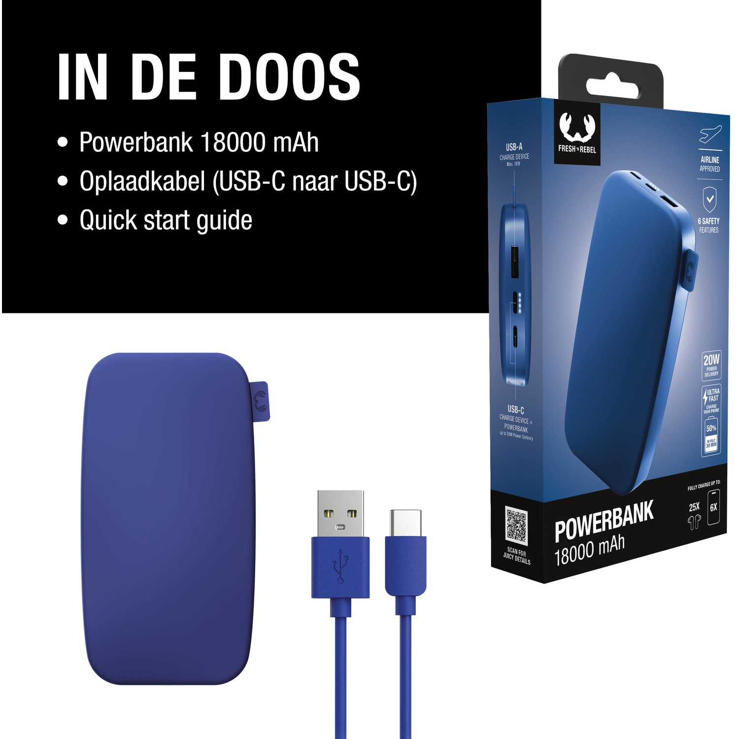 L'image montre une batterie externe bleue, un câble et une boîte avec du texte. La boîte indique 18000 mAh, comprend un câble et un guide.