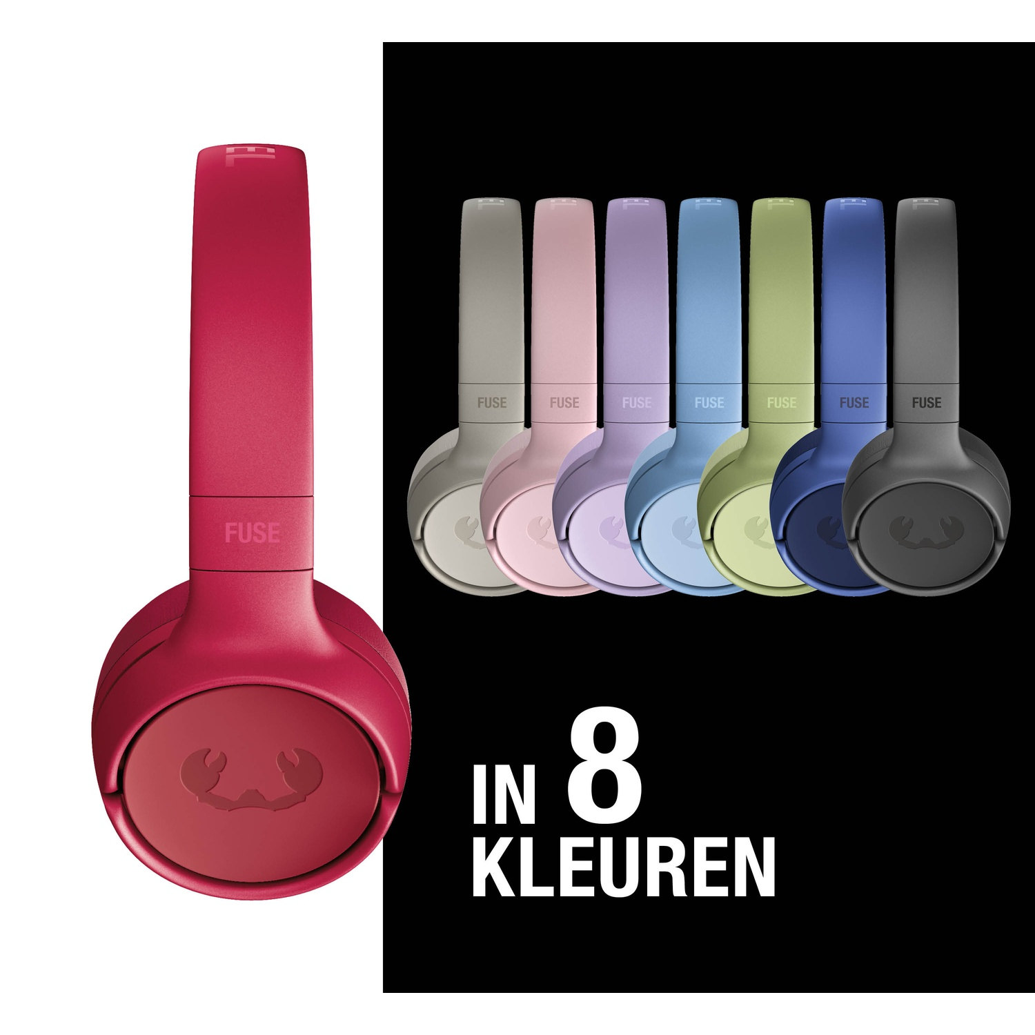 Afbeelding toont rode koptelefoon en rij van 7 koptelefoons in verschillende kleuren. Tekst zegt "In 8 Kleuren" (kleuren).