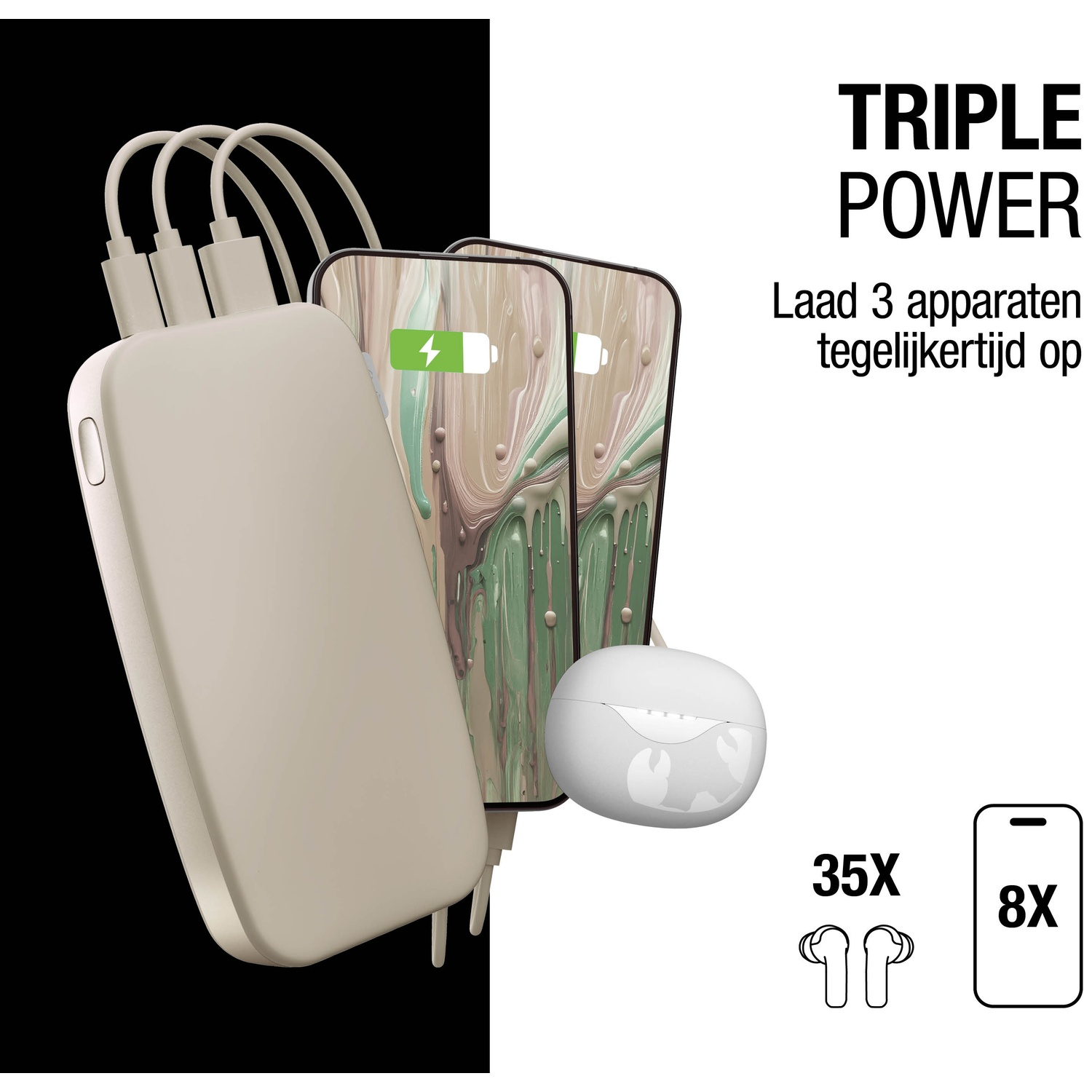 Image shows a power bank charging two phones and earbuds. Text says 'Triple Power' and 'Charge 3 devices simultaneously'.
