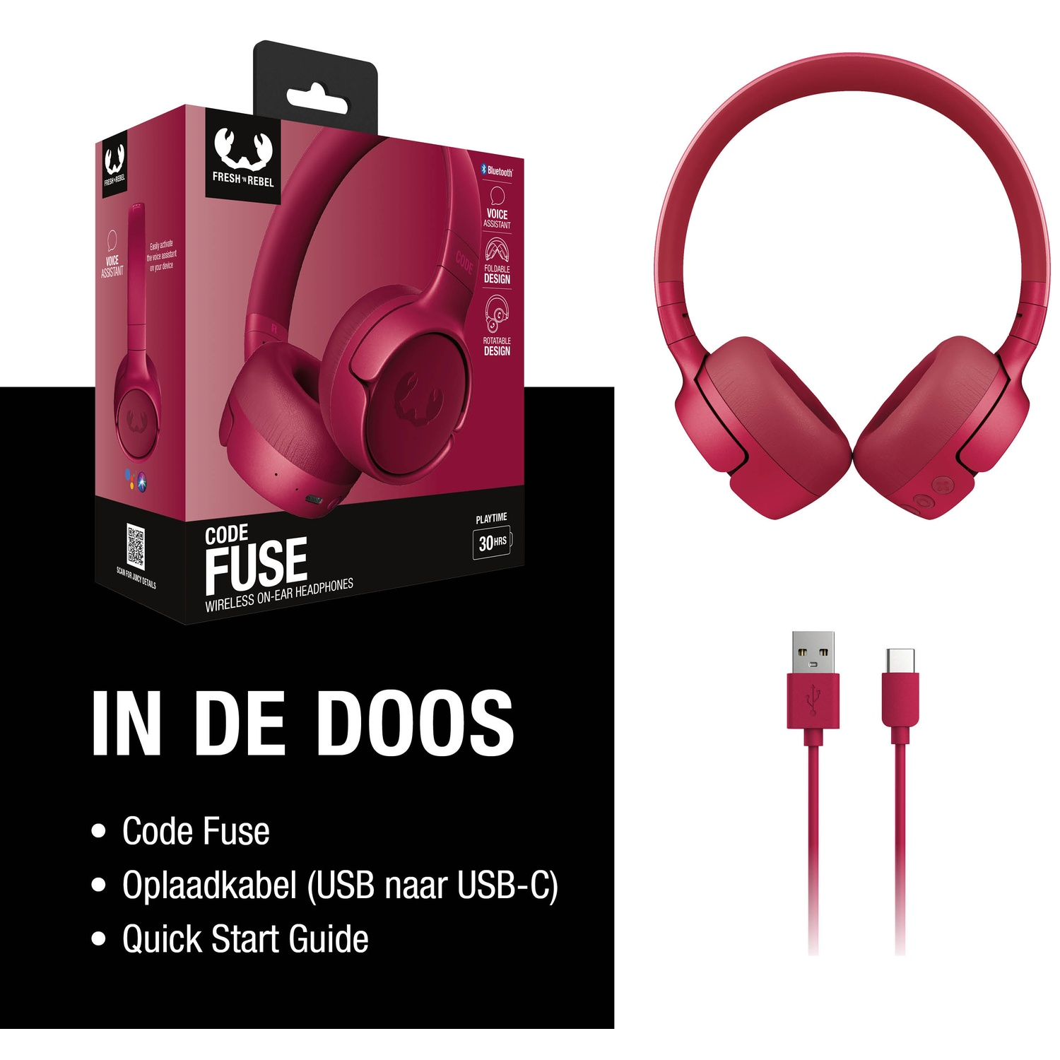Afbeelding toont een rode Fresh 'n Rebel Code Fuse headset, doos en oplaadkabel. Tekst geeft draadloze on-ear koptelefoon en 30 uur speeltijd aan.
