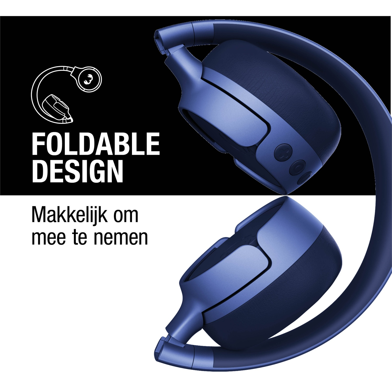 Casque pliable bleu sur fond blanc. Texte : Design pliable, Facile à emporter. Section noir et blanc en haut.