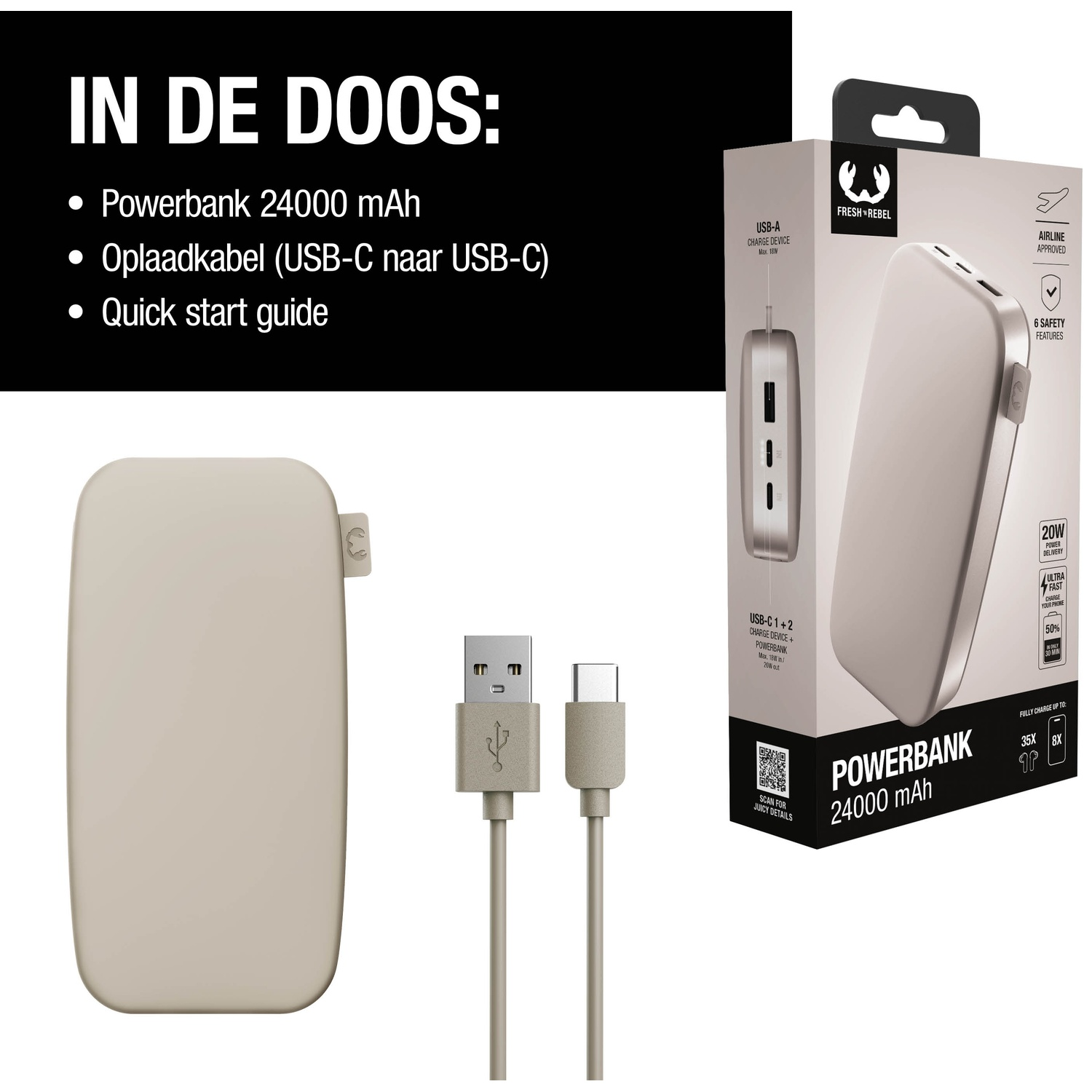 Image shows a power bank with a USB cable and its box. The box lists specifications and features of the power bank.
