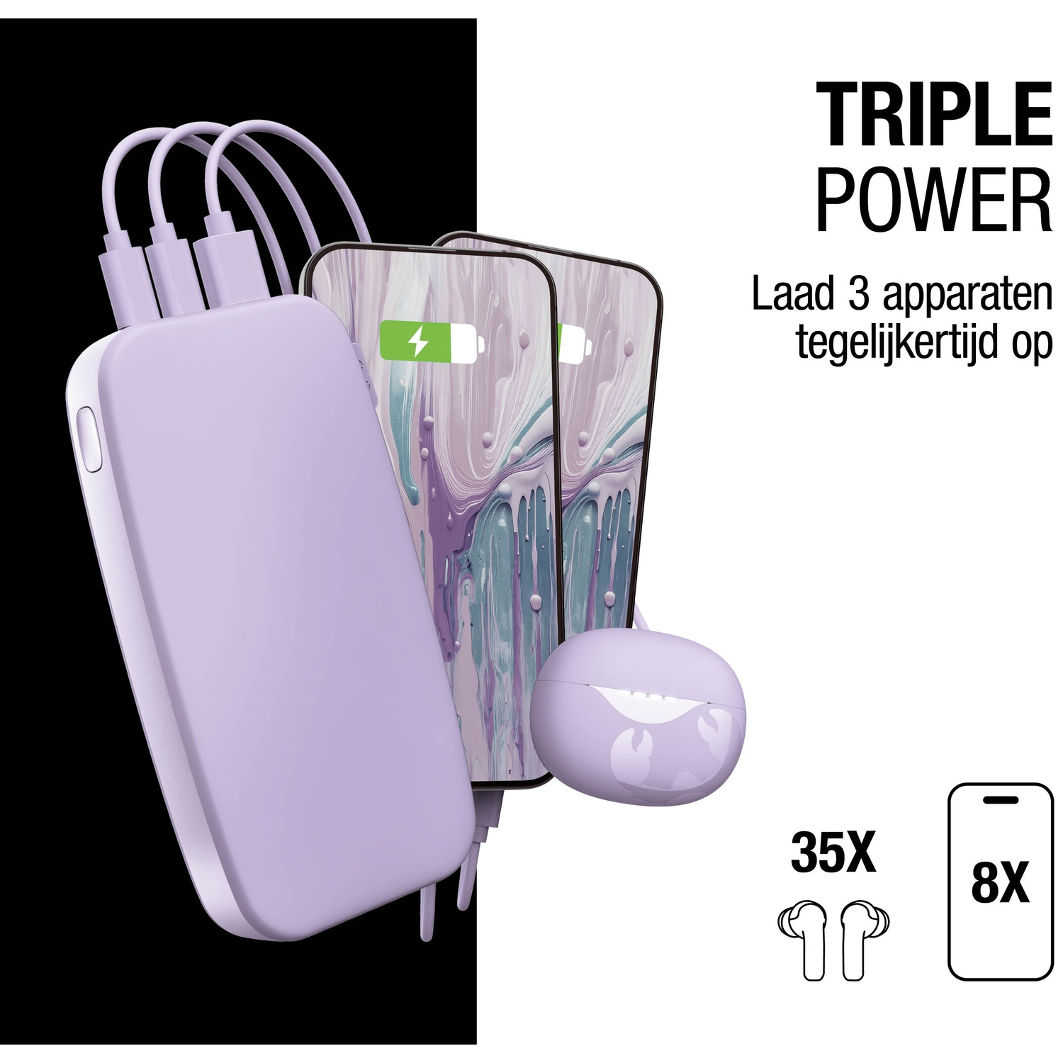 A purple power bank charging two phones and earbuds. Text says 'Triple Power' and 'Laad 3 apparaten tegelijkertijd op'.