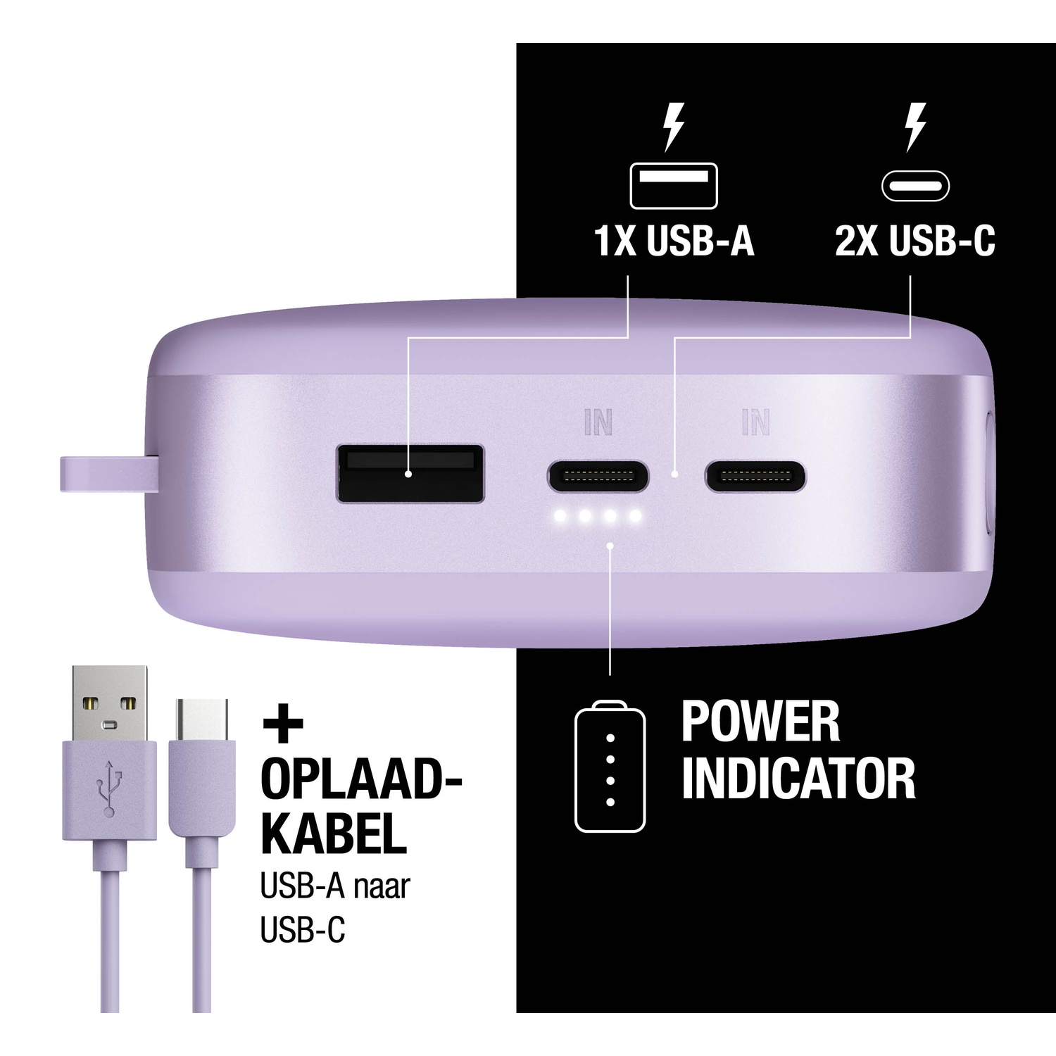 A purple power bank with USB-A and USB-C ports, power indicator, and charging cable USB-A to USB-C.