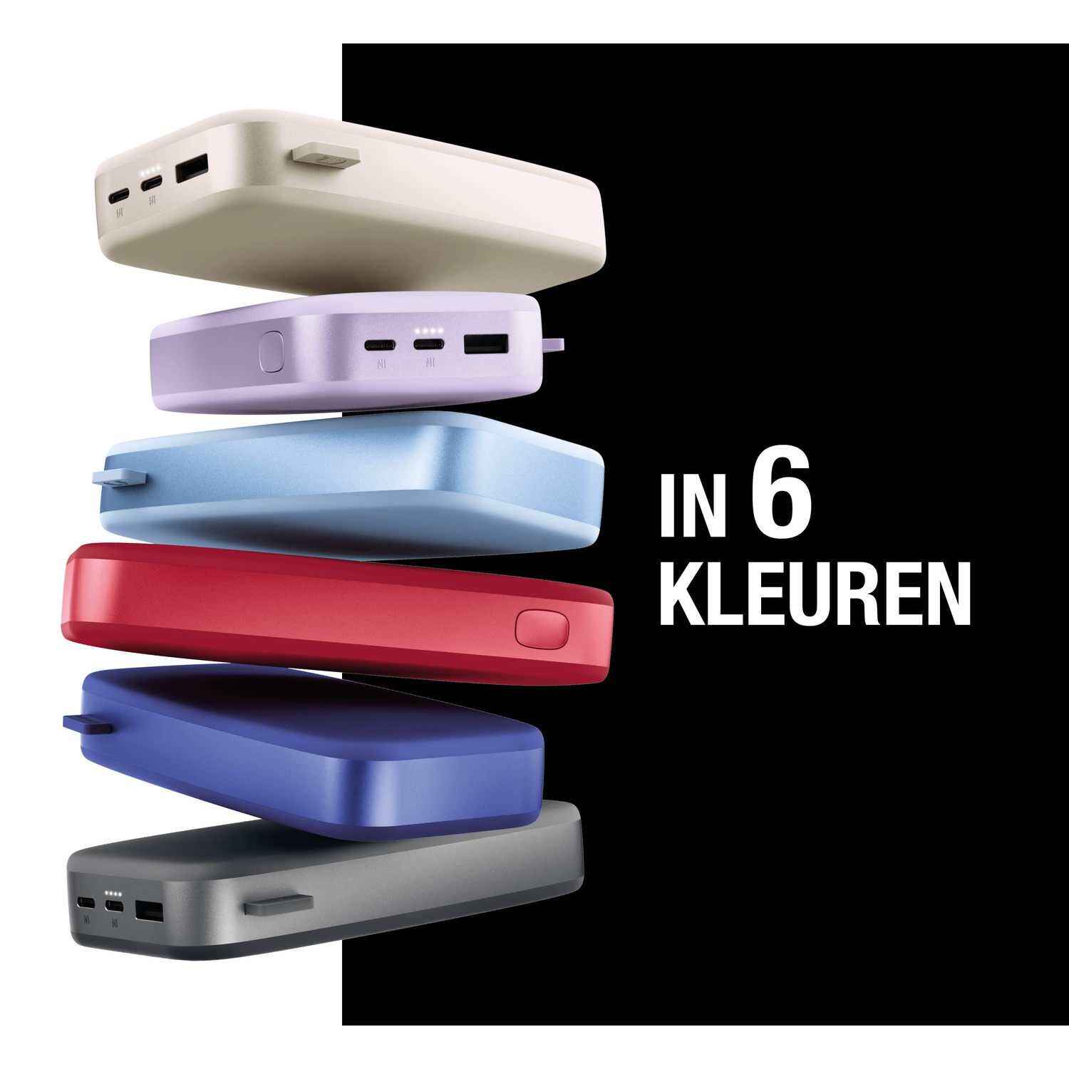 Stacked power banks in various colors: beige, purple, blue, red, dark blue, and gray. Text reads 'IN 6 KLEUREN' on a black background.