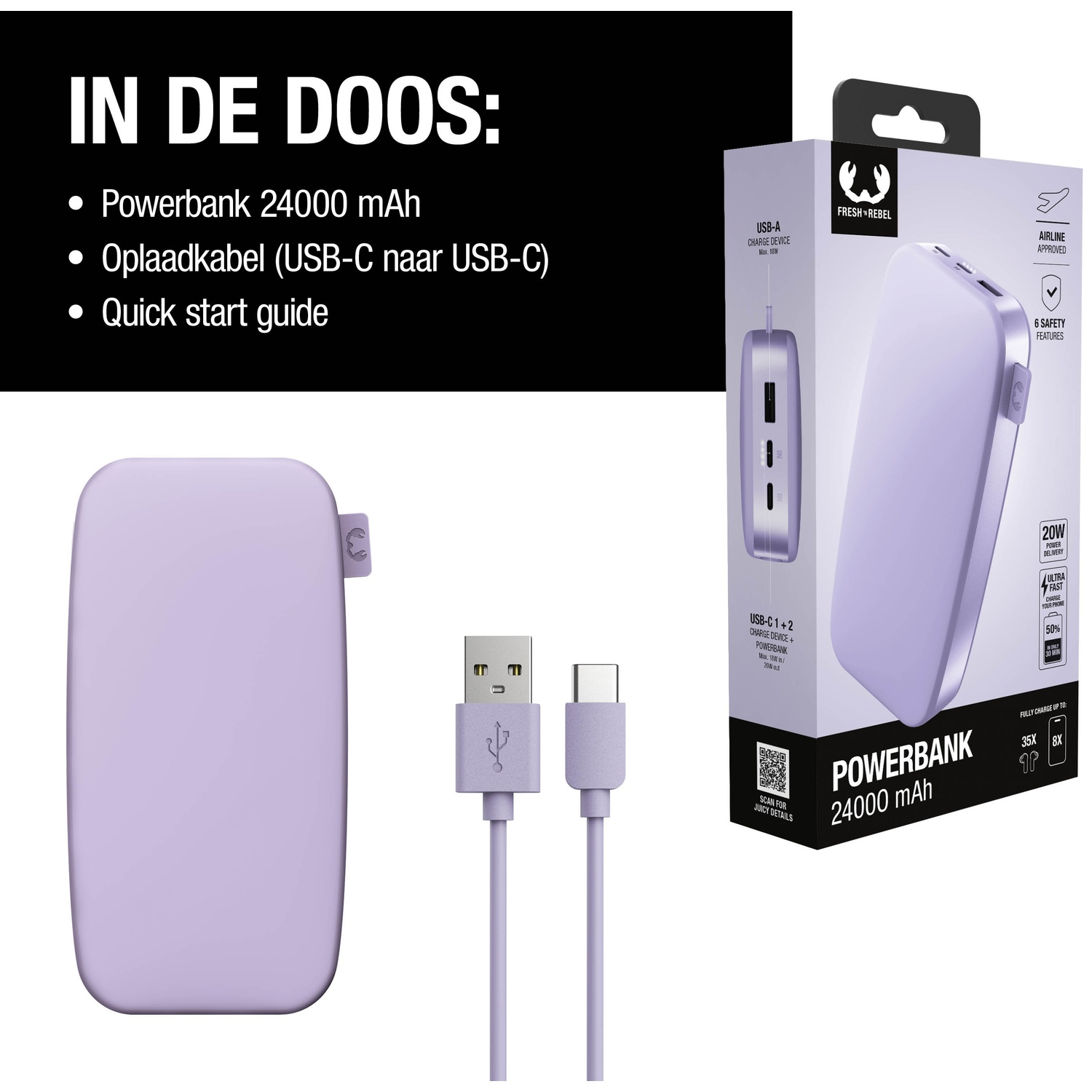A lavender power bank, cable, and box on a white surface. Text reads: Powerbank 24000 mAh, Oplaadkabel, and Quick start guide.