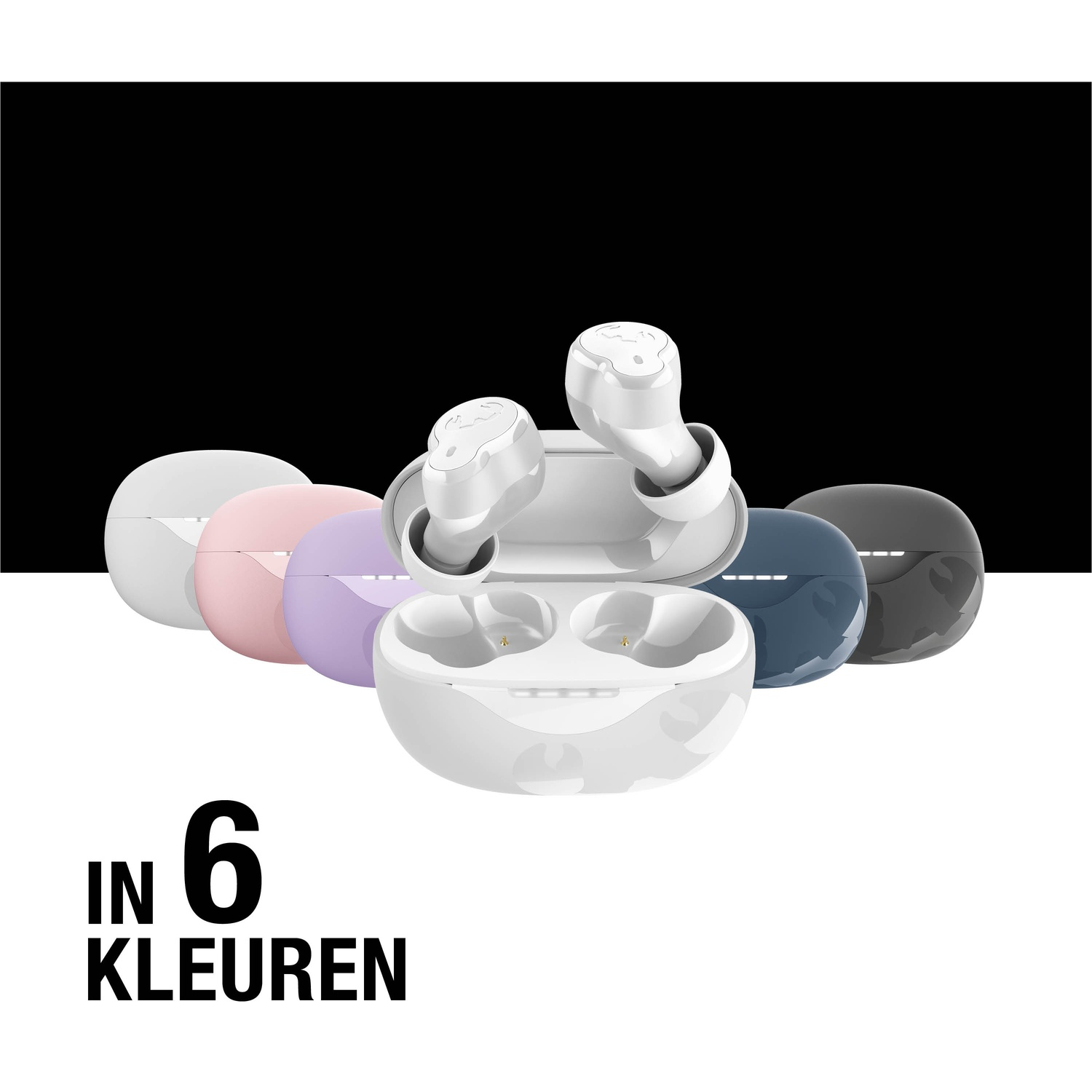 L'image montre des écouteurs blancs avec étui de chargement et six étuis colorés : blanc, rose, violet, bleu, gris. Texte : En 6 couleurs.
