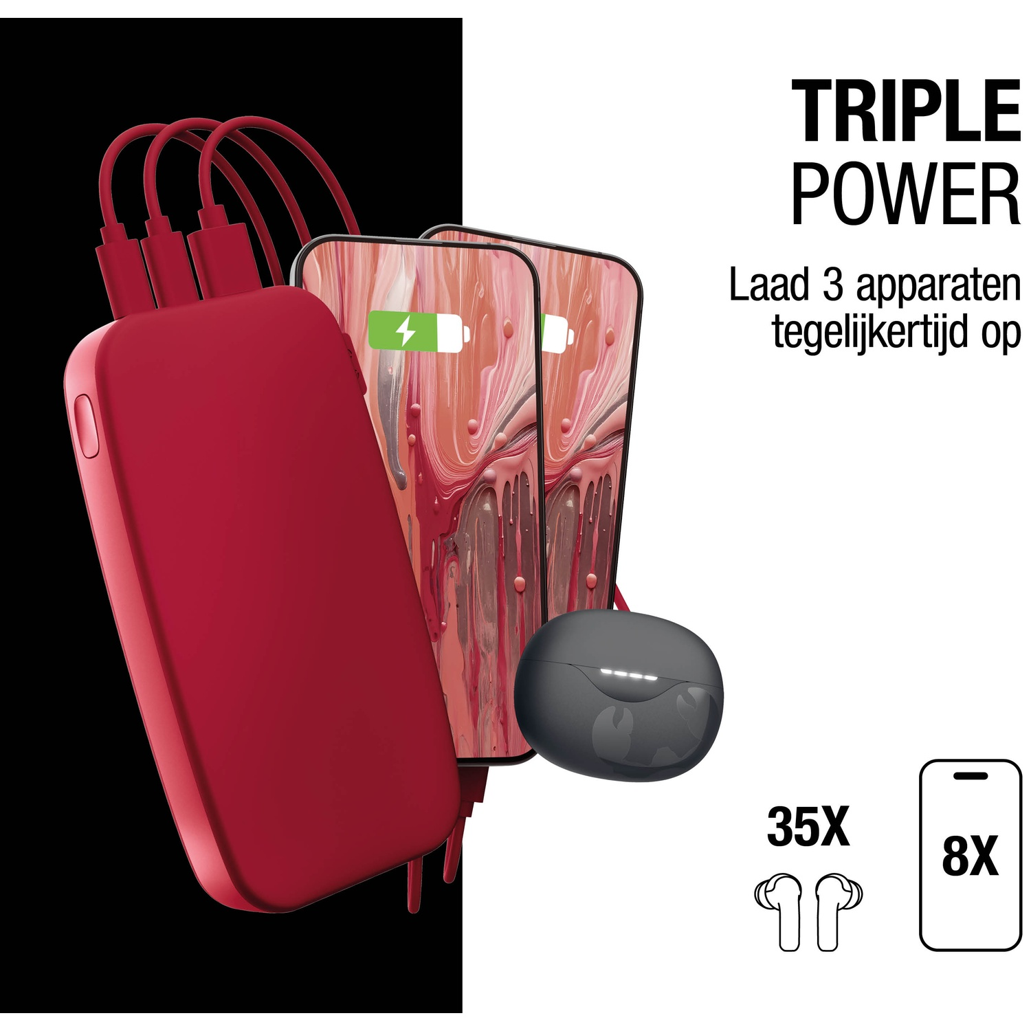 Batterie externe rouge chargeant deux téléphones et des écouteurs. Texte: 'Triple Power' et 'Chargez 3 appareils simultanément'.