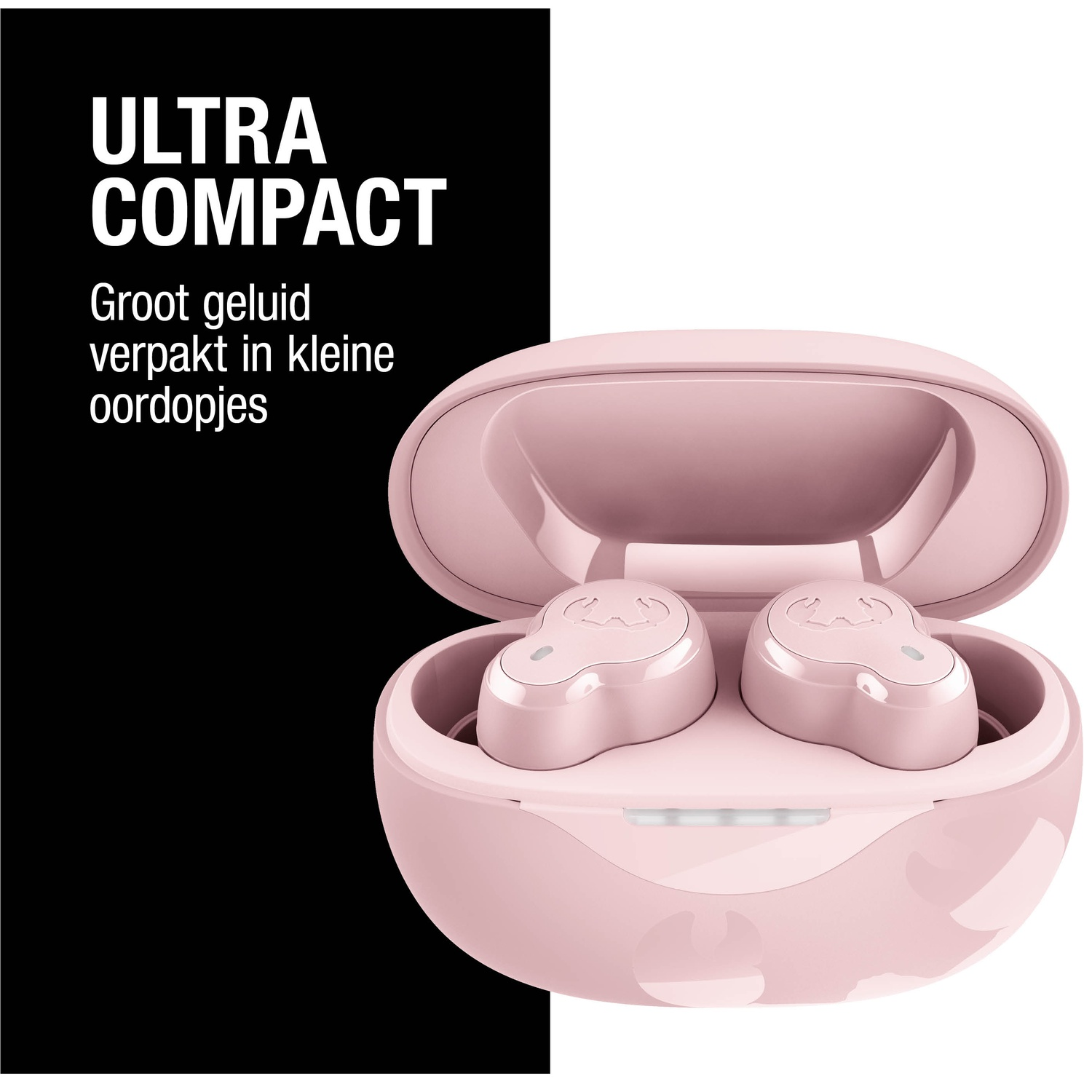 Écouteurs roses dans un étui ouvert. Texte 'ULTRA COMPACT' et texte néerlandais sur fond noir.