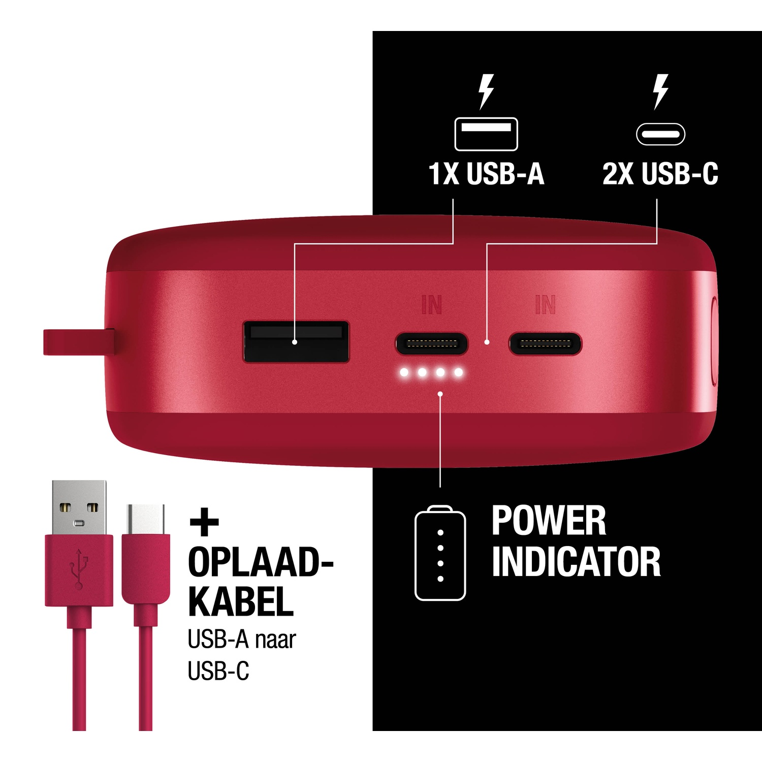 Batterie externe rouge avec ports USB-A et USB-C, indicateur d'alimentation et câble de charge. Texte inclut 'OPLAAD-KABEL' et 'POWER INDICATOR'.