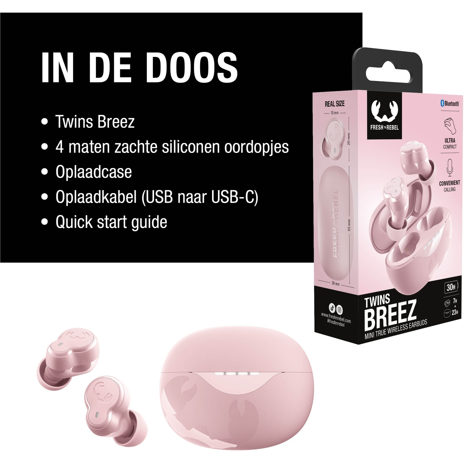Écouteurs Twins Breez roses, étui et boîte. Le texte énumère le contenu : écouteurs, embouts en silicone, étui, câble USB-C et guide de démarrage rapide.