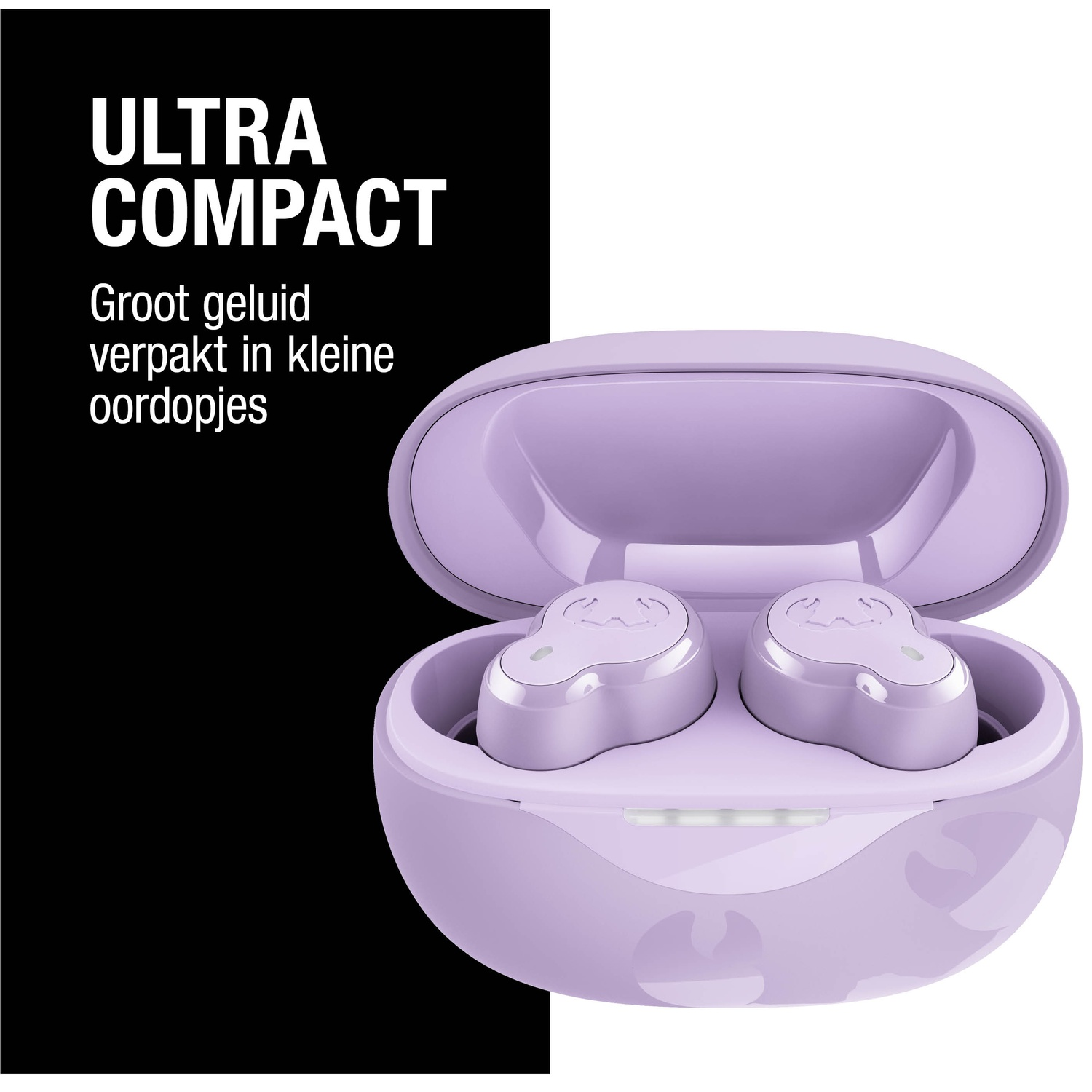 Étui d'écouteurs lilas ouvert avec deux écouteurs à l'intérieur, sur fond blanc, le texte indique 'Ultra Compact'.