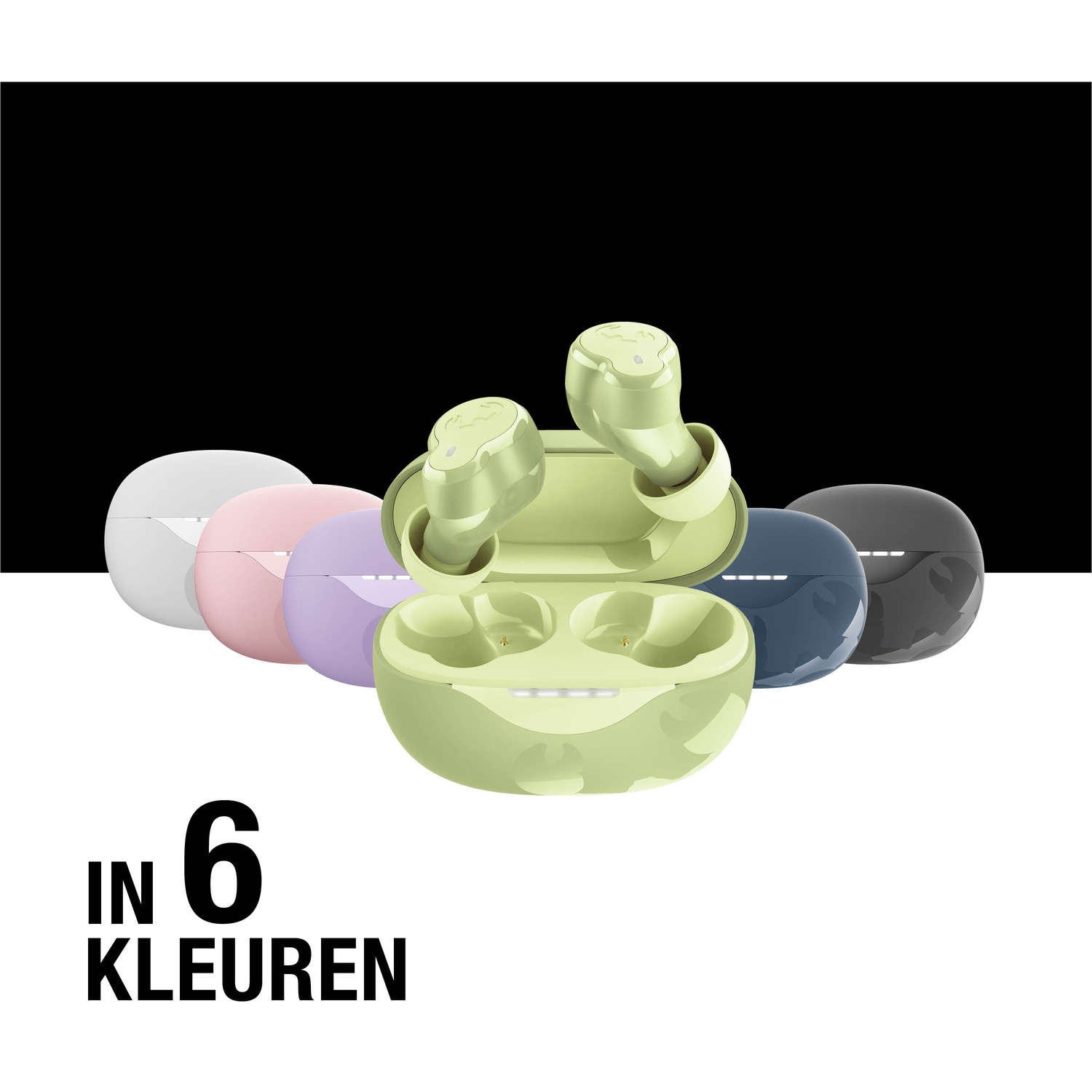 L'image montre des écouteurs dans six couleurs : blanc, rose, violet, vert, bleu et gris, avec un étui de chargement ouvert. Texte : 'IN 6 KLEUREN'.