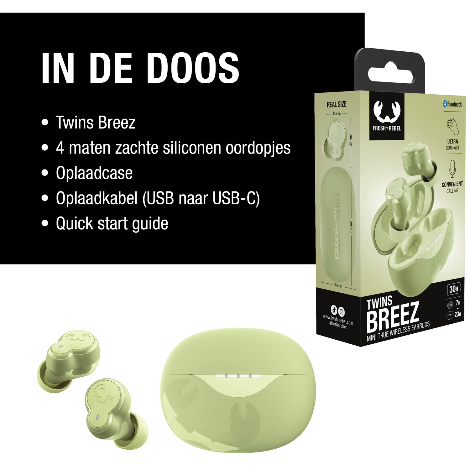L'image montre des écouteurs sans fil, un étui de chargement et une boîte avec des détails du produit, dont 'Twins Breez'.